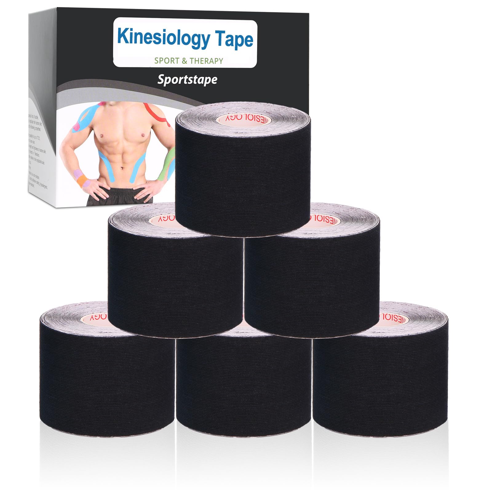 Kinesiology Tape (6 Rolls Pack), Waterproof Elastic Muscle Support Tape for Exercise, Sports & Injury Recovery, Breathable & Latex Free, 5cm x 5m Per Roll (Black)