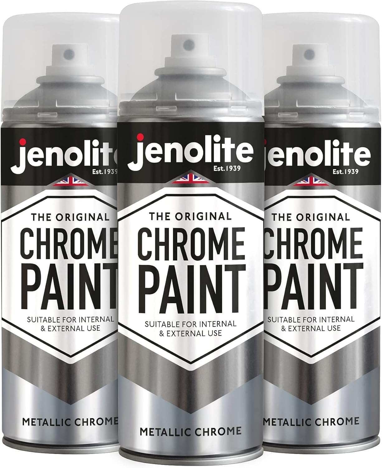 JENOLITE Chrom Spray | Glatter Metallisch-Silberner Sprühlack | Chromfarbe für Metall, Holz, Kunststoff, Keramik | Multi-Oberflächen Sprühfarbe | Für Innen- & Außenbereich Geeignet | 3 x 400ml
