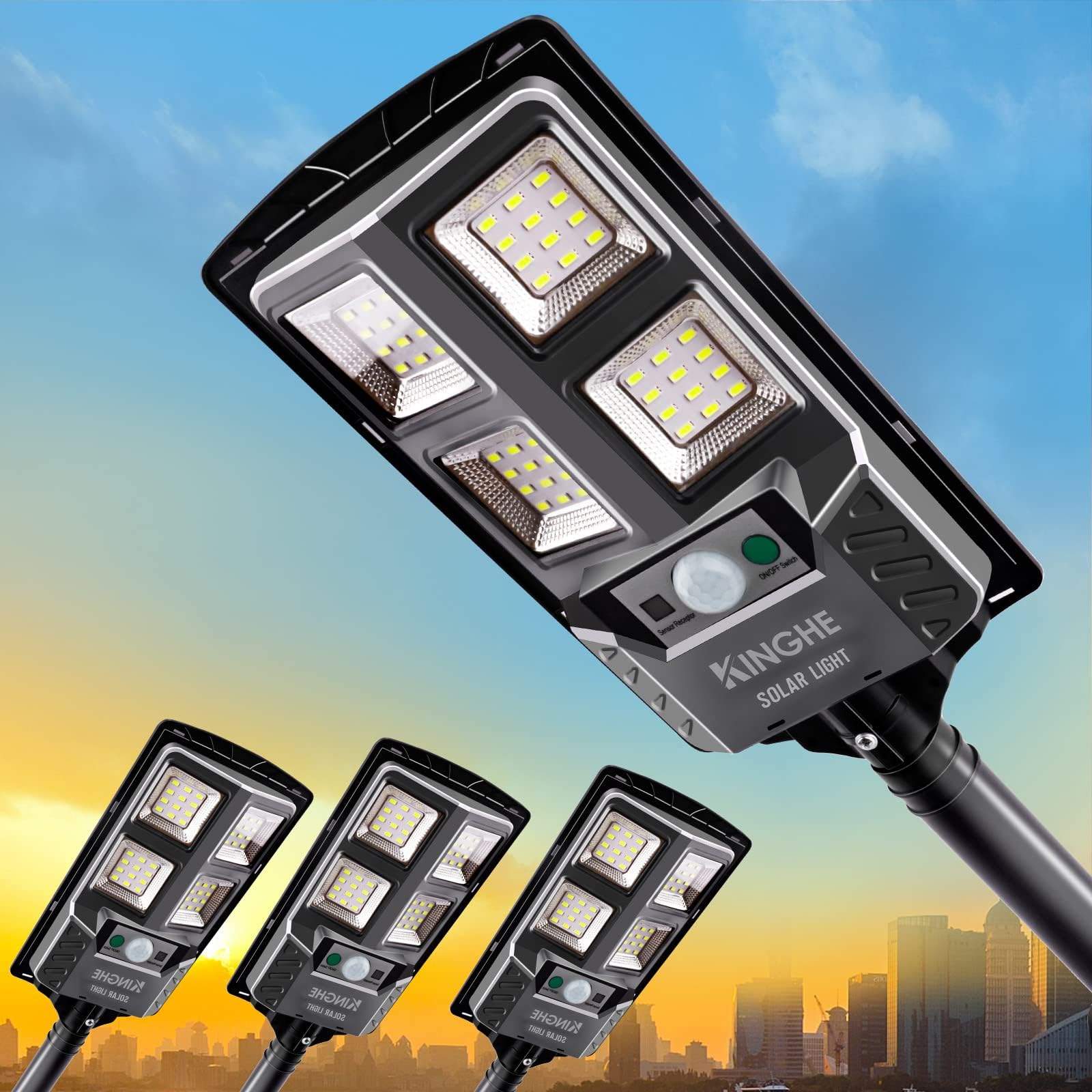 Kinghe Solar Street Lights Outdoor: Dusk to Dawn Solar Parking Lot Lights with 3 Modes Motion Sensor Remote Control, 6000K 48 LEDs Commercial Solar Lights for Outside, Yard, Garage, Barn