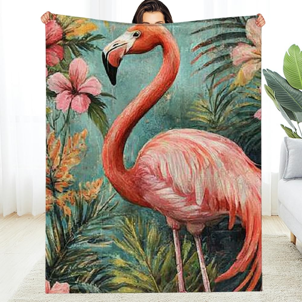 Plaid décoratif flamant rose et fleurs tropicales pour canapé et camping