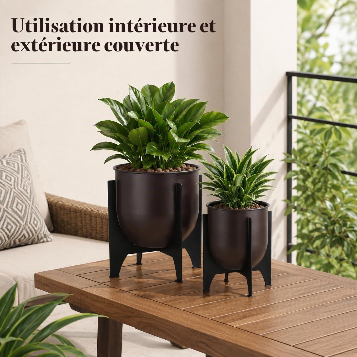 TRIROCKS Lot de 2 pots de fleurs modernes avec support en métal pour intérieur et extérieur - 40,6 et 20,3 cm de hauteur - Pots de fleurs modernes pour salon, cuisine, bureau, jardin, balcon, terrasse
