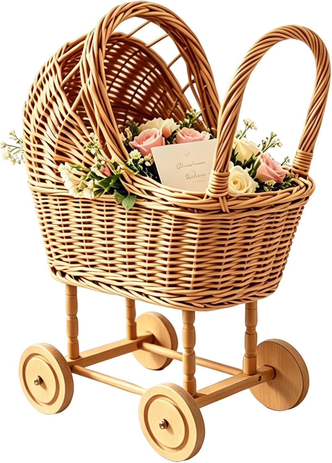 Handwoven Rattan Stroller Shaped Flower Basket on Wheels Vintage Wicker Planter for Fresh Flowers, Baby Gift, Wedding Decor, & Rustic Home Accent