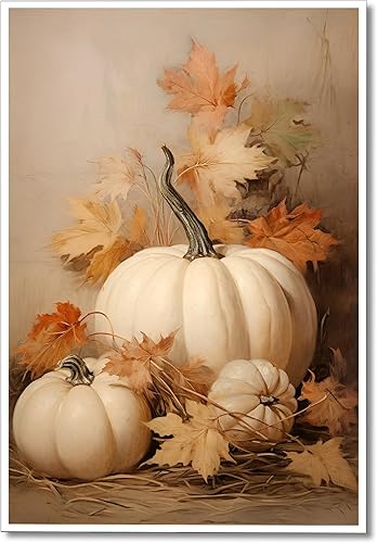 Wodkodnxy Lienzo decorativo para pared de otoño de granja, cuadros de pintura de naturaleza muerta de calabaza blanca, póster de hojas de otoño de