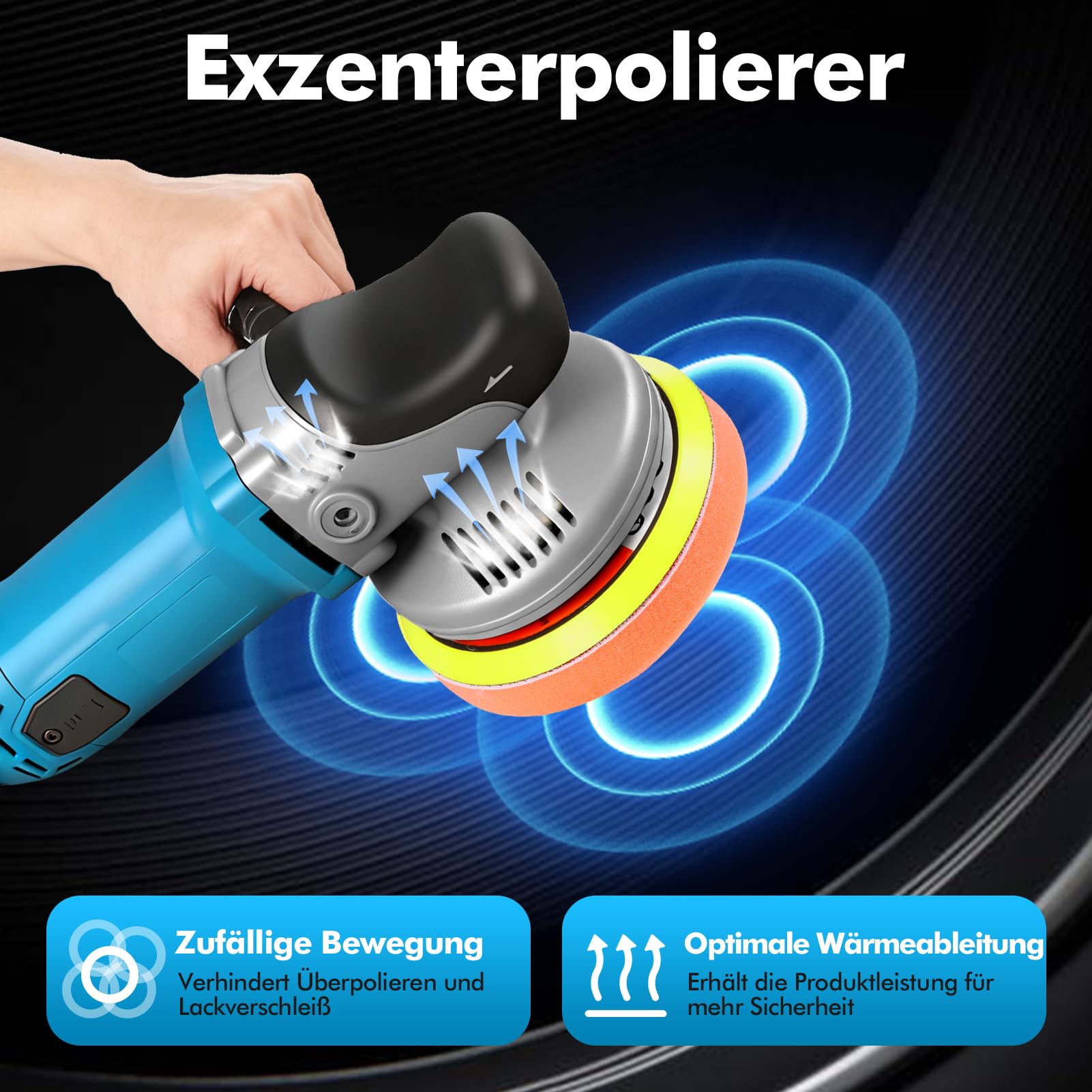 Poliermaschine Auto Professional Set, 150mm 1200W Exzenter Poliermaschine, 8 Geschwindigkeiten1000-4200RPM, 2M Kabel, Abnehmbarer D-Griff und Seitengriff, zum Polieren von Auto, Möbeln