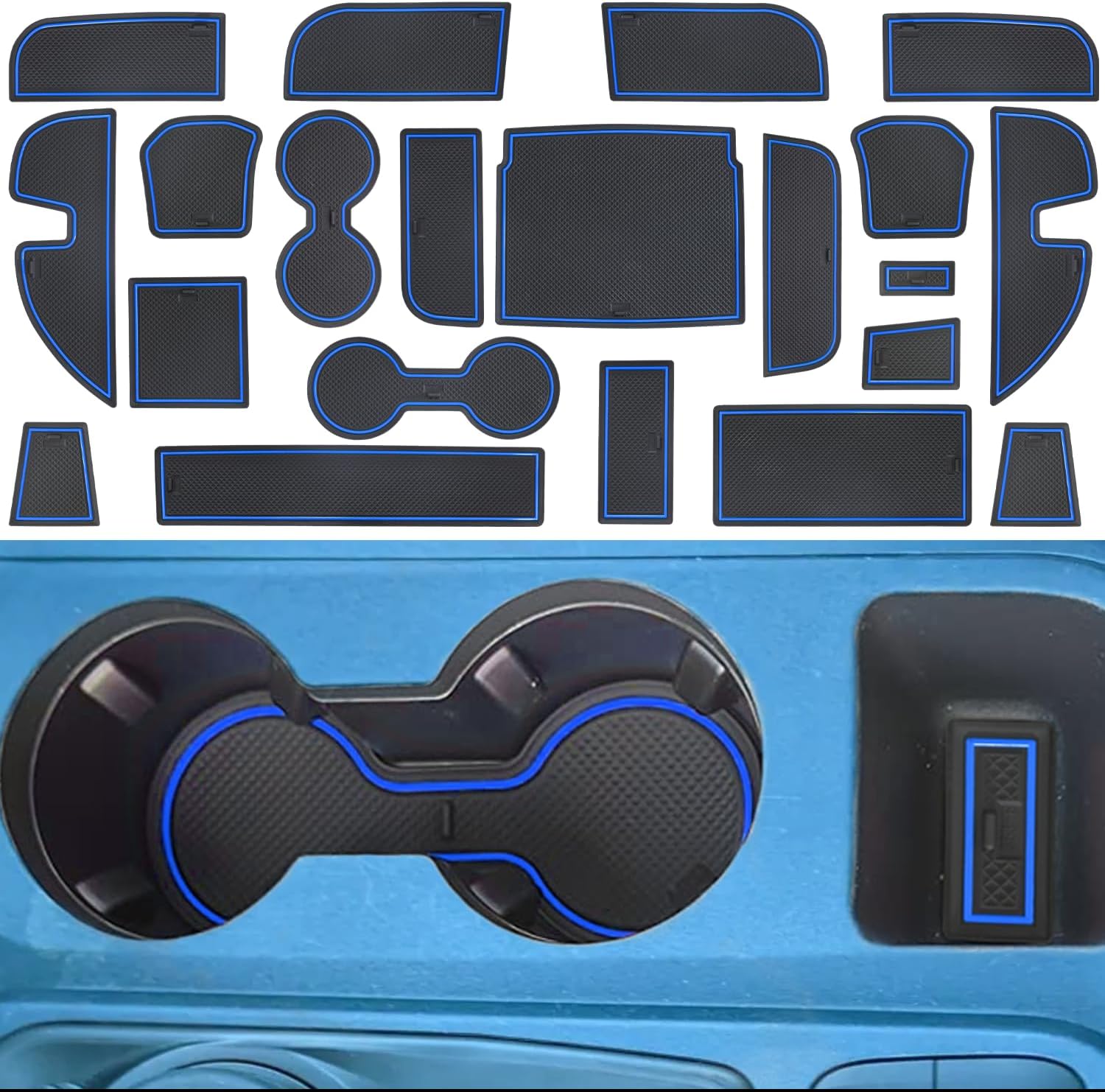 Center Console Liner Fit for Ford Maverick Accessories 2022-2024 2025 Cup Holder Insert Door Slot Coaster Interior Pocket Anti Dust Mat, Not for 2025 Model with Wireless Charger, 21pcs (Blue)