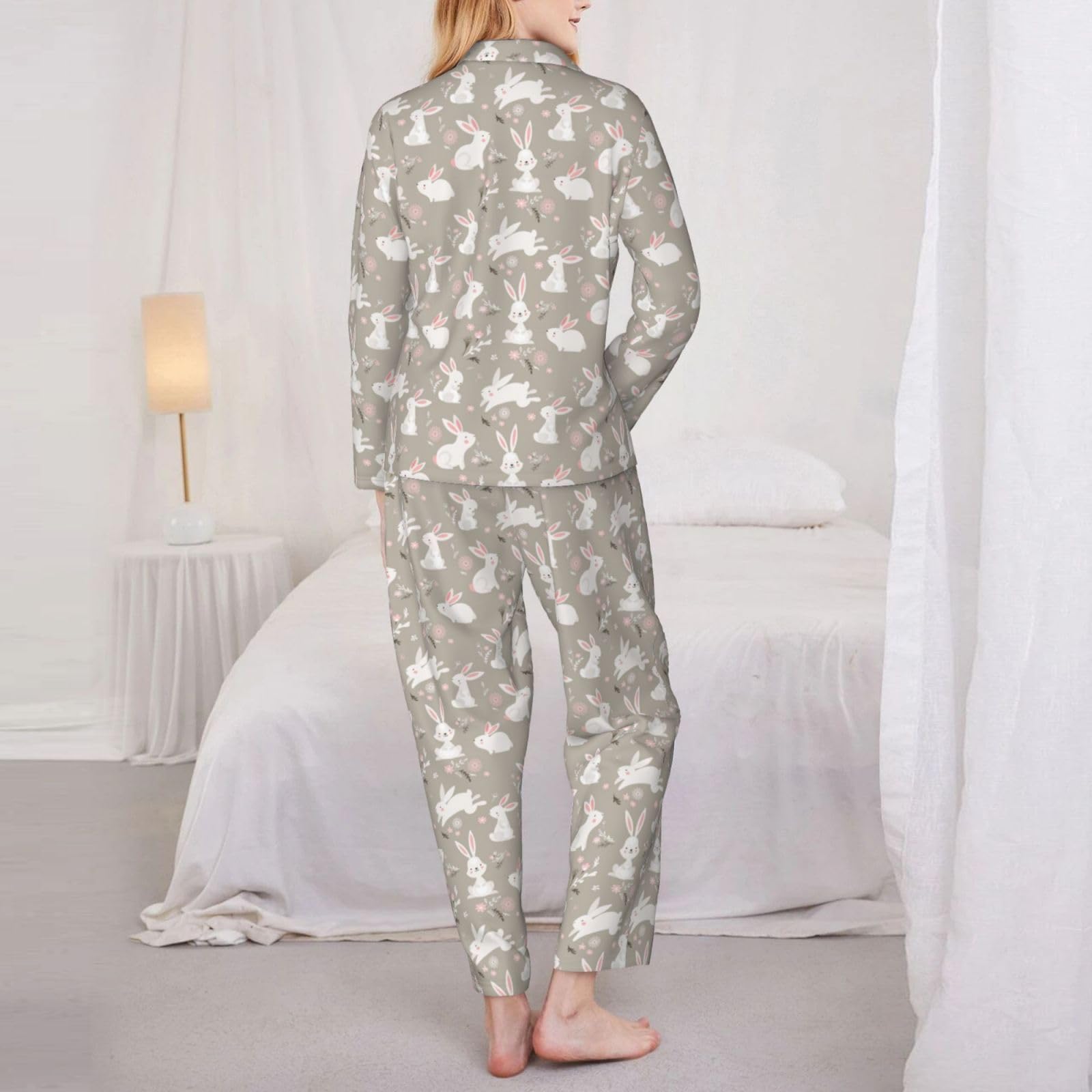 Coniglietto di Pasqua Stampa Floreale Delle Donne A Maniche Lunghe Pigiama Set Pigiameria Accogliente Homewear Casual Due Pezzi