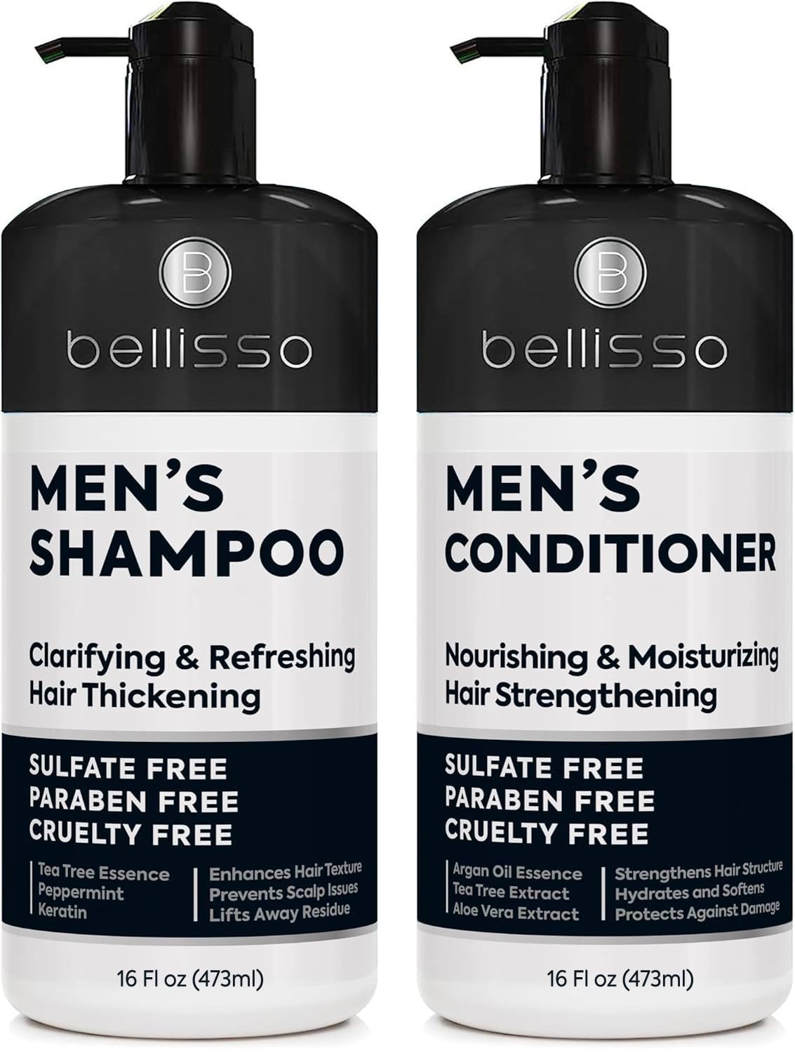 Mens Shampoo and Conditioner Set - Sulfate Free and Clarifying - For Men with Oily to Normal Hair - Moisturizing and Thickening - Biotin, Keratin, Tea Tree Oil, Caffeine and Peppermint for Dandruff