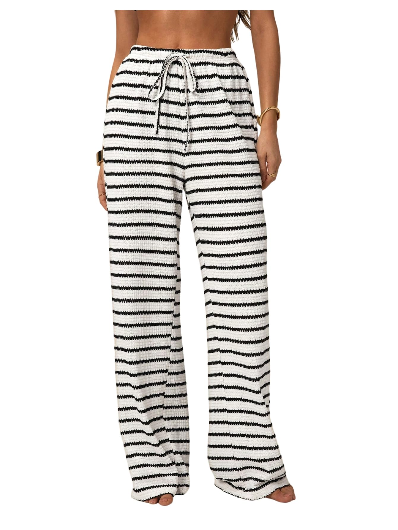 Floerns Womens Striped Drawstring Waist Straight Leg Lounge Pants with Pocket