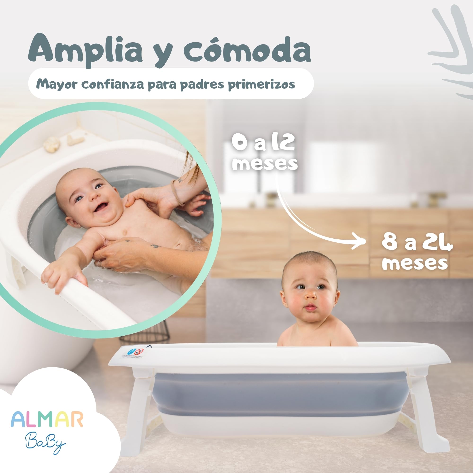 ALMAR Baby Bañera plegable bebé hasta 24 meses Gris plegado compacto con patas antideslizantes para recien nacido doble plegado — view 4
