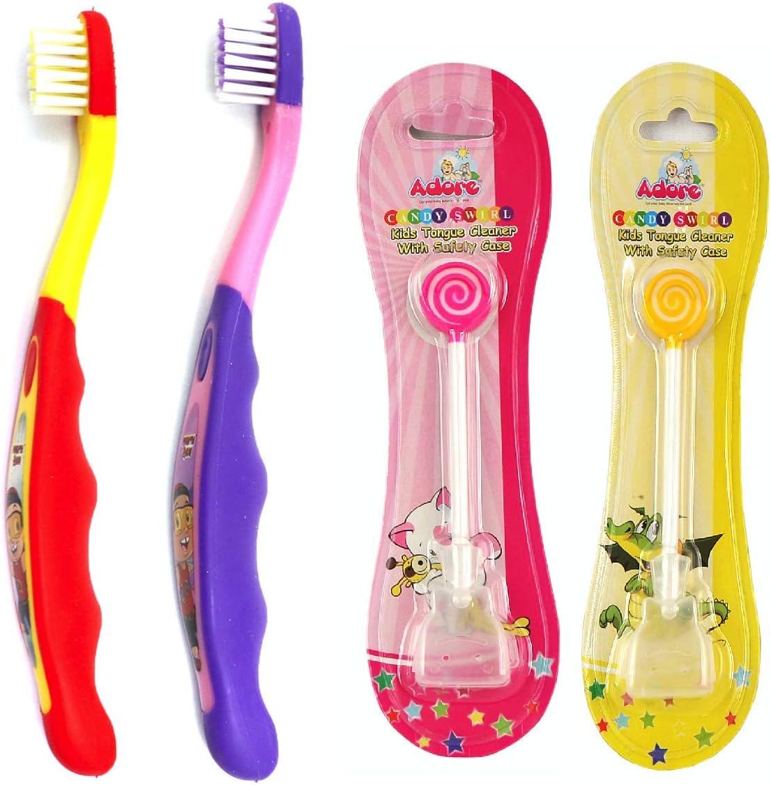 AdoreMighty Raju Kid's Toothbrush with Cap and Tongue Cleaner Combo (Multicolor) - Pack of 4