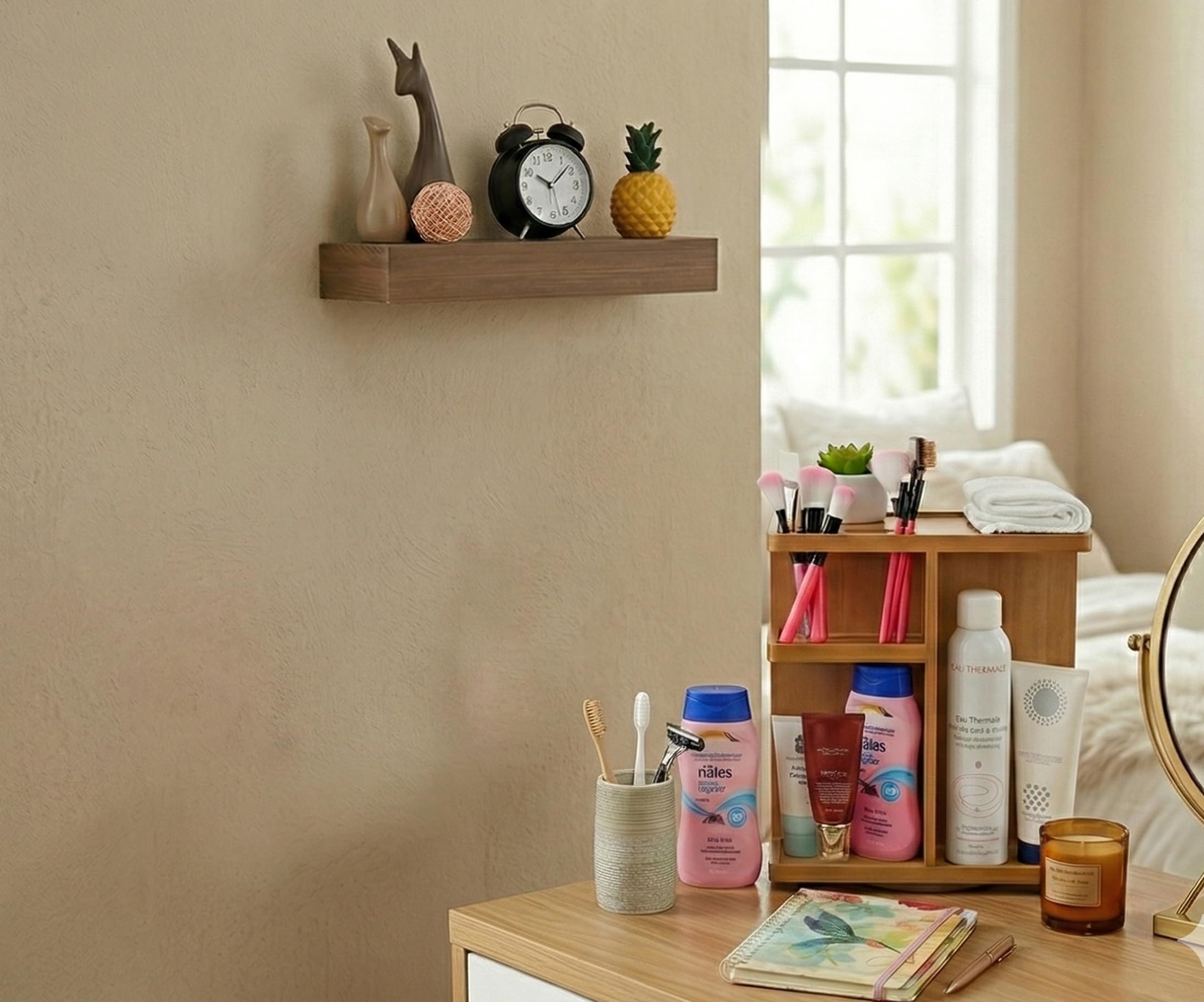 Drehbarer Kosmetik-Organizer, Multifunktions-Aufbewahrung, 360 Grad Karussell für Make-up, Toilettenartikel, Waschtisch, Schreibtisch, Schrank, massives Naturholz mit Akazienbraun