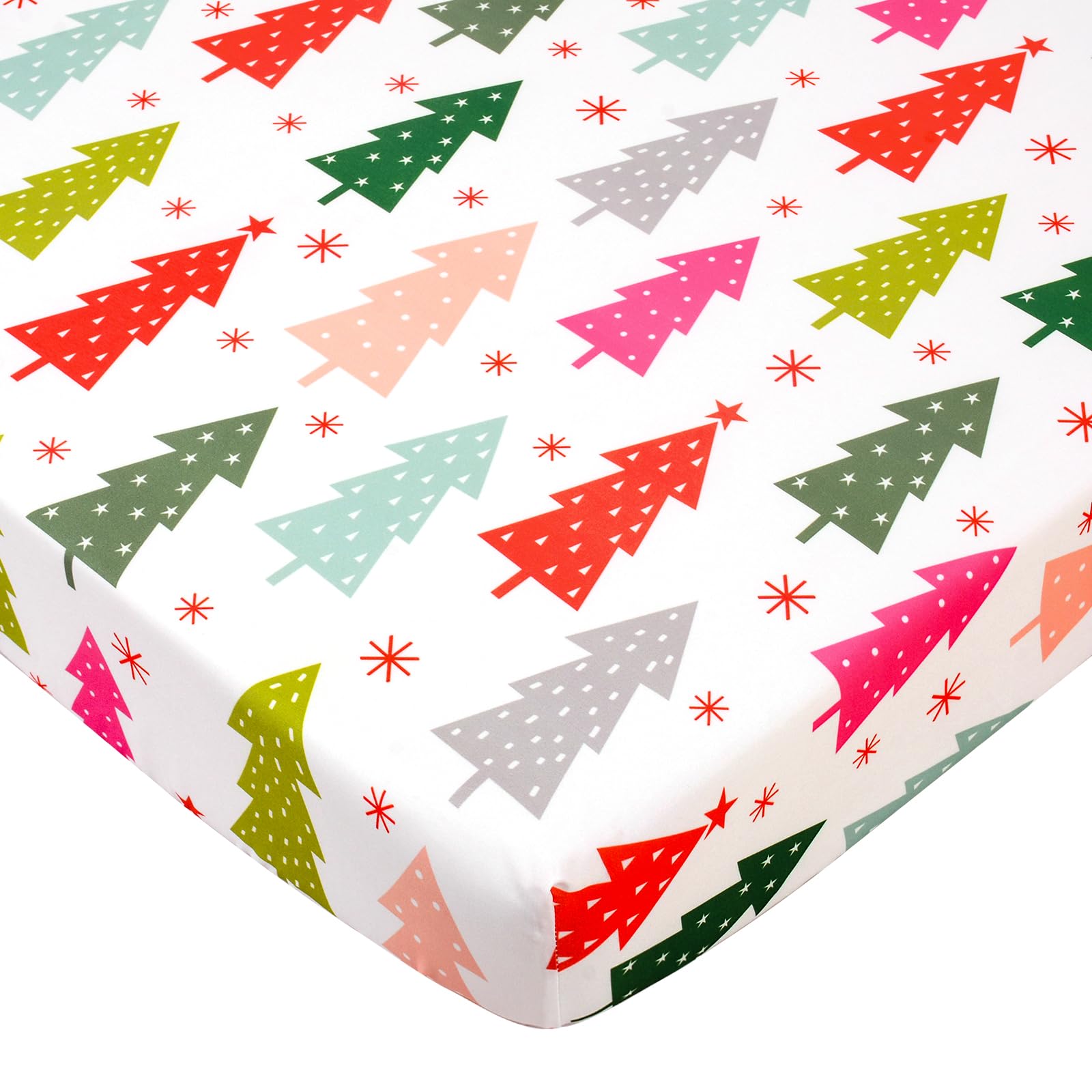 JISEN Christmas Crib Sheet Colorful Tree Fitted Crib Sheet for Boys Girls Crib Mattress Cover Baby Sheet for Standard Crib and Toddler Mattress Soft Breathable Baby Bed Sheet for Neutral 52x28 Inch