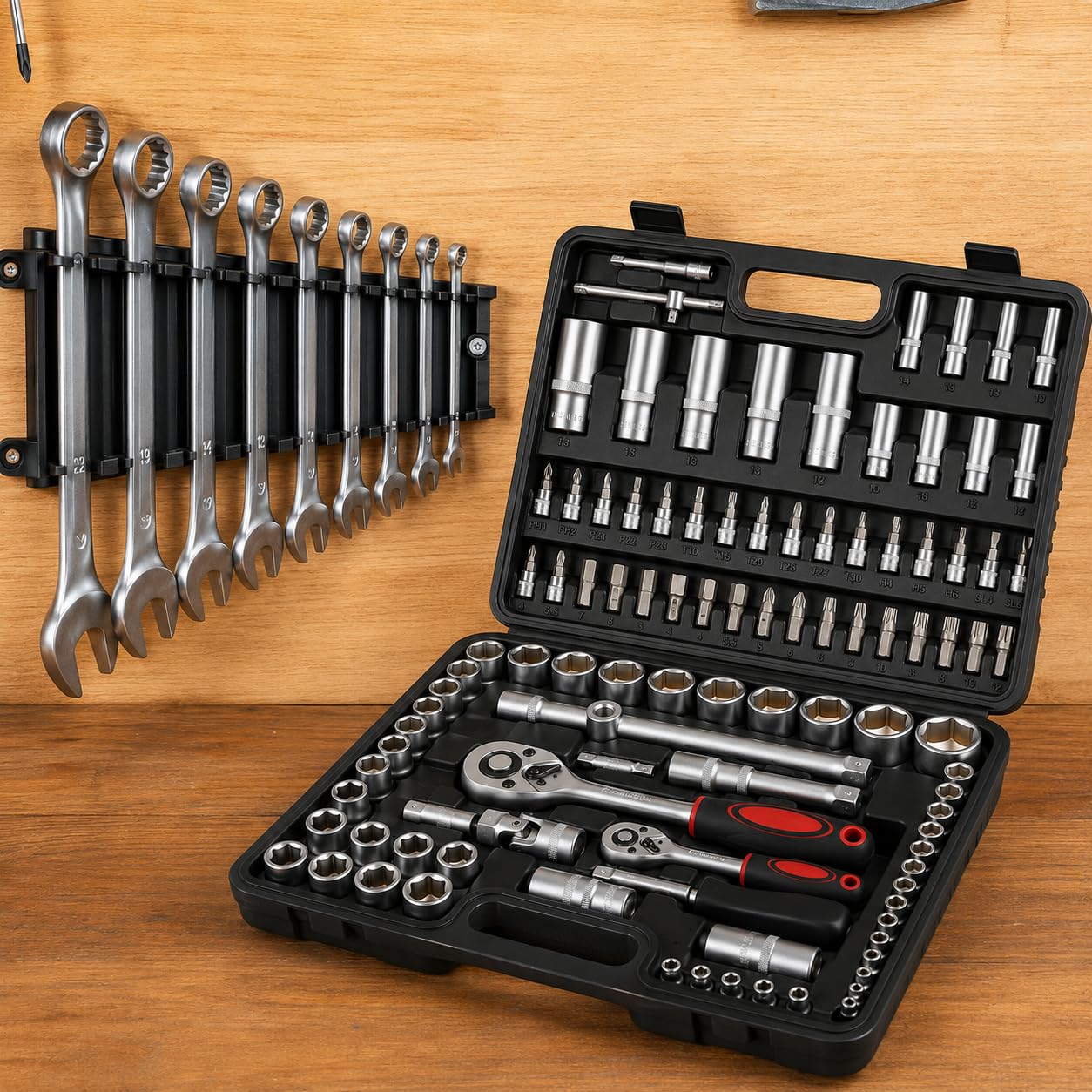 Set Chiavi a Bussola 108 Pezzi con Cricchetto Reversibile 1/4" e 1/2", Cassetta Attrezzi Professionale in Acciaio Cromo Vanadio, Kit Bussole e Punte per Meccanica Auto e Fai da Te