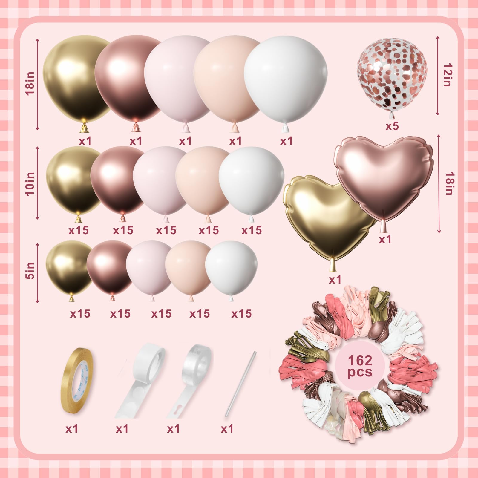 162-teiliges Ballon-Set in Blush Pink & Roségold – 45,7 cm, Latex-Luftballons mit Schnellclips für Girlandenbogen, Babyparty-Hintergrund, Hochzeitsdekoration, Abschlussfeier