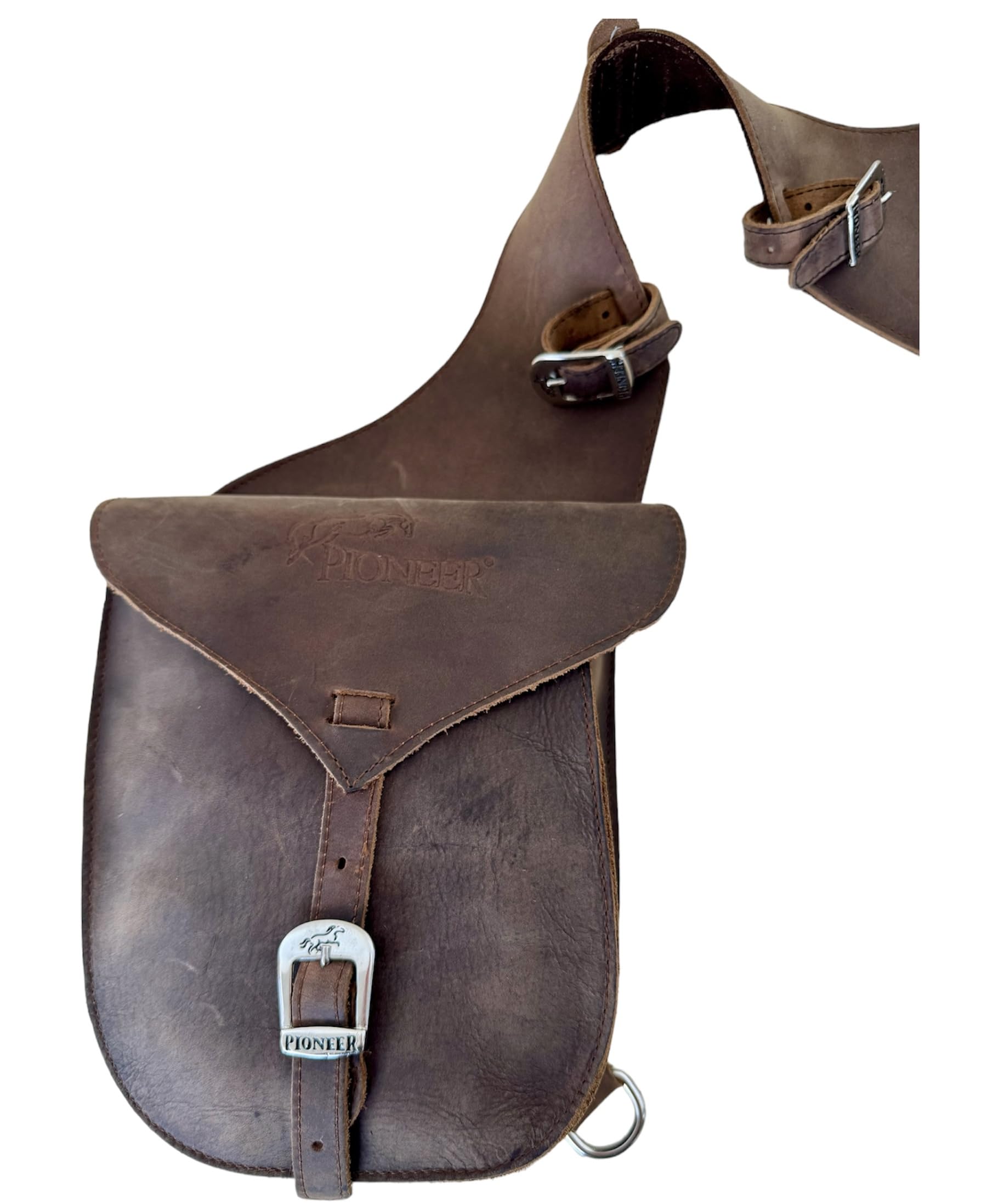 PIONEER Bolsas de Silla de Montar para Caballos en Cuero – Ideales para Equitación, Trekking y Paseos a Caballo – Diseño Trasero en Forma de Banana – Resistentes y Cómodas - Marrón
