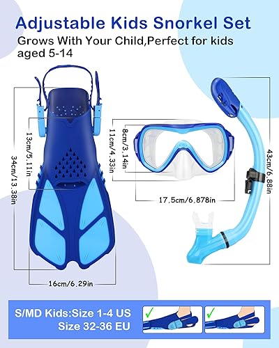 Miniatura 6 de Juego de esnórquel para niños, aletas de máscara de esnórquel panorámica+snorkel superior seco, aletas de natación ajustables, bolsa de malla,