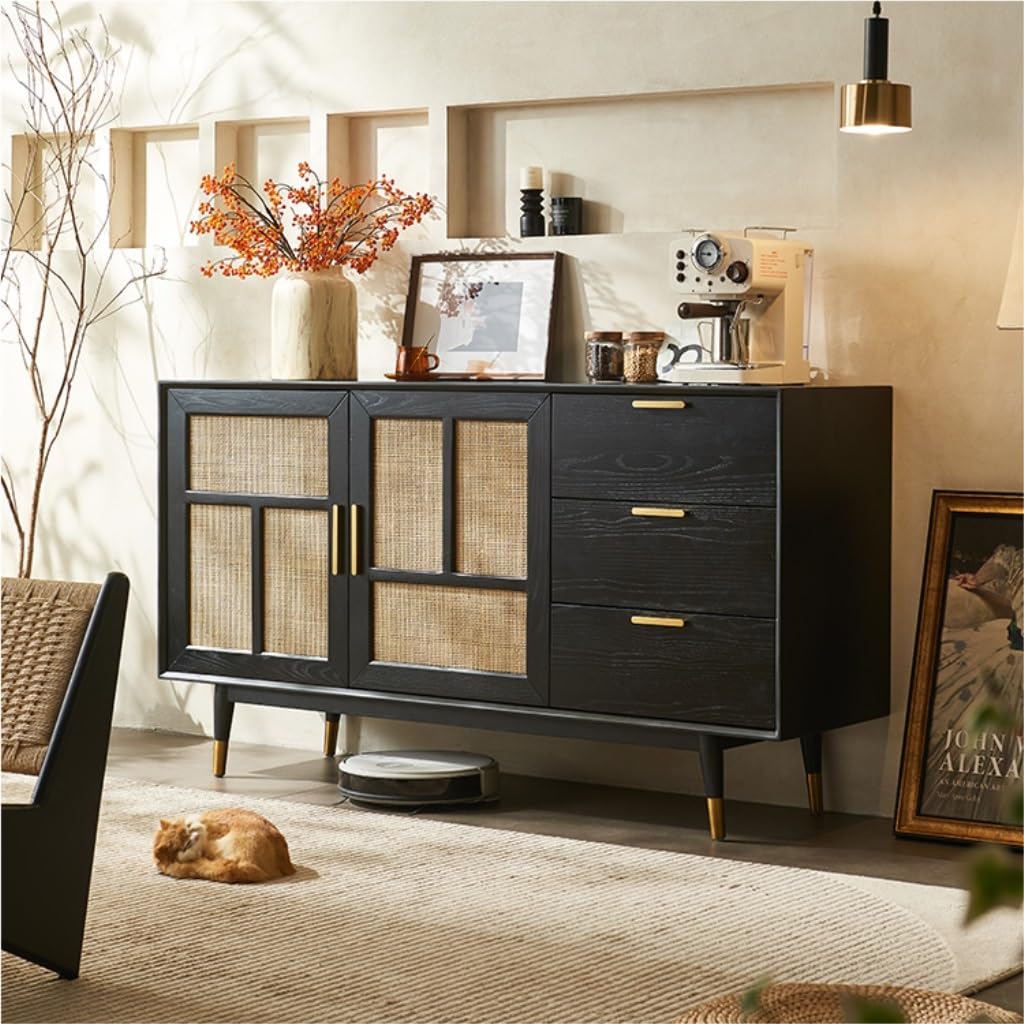 Küchenvorratsschrank Aufbewahrungsschrank aus massivem Rattan, Sideboard mit Schubladen, schwarzer Kaffeebarschrank, geeignet for Esszimmer, Küche, Eingangsbereich Buffetschrank Mit Stauraum