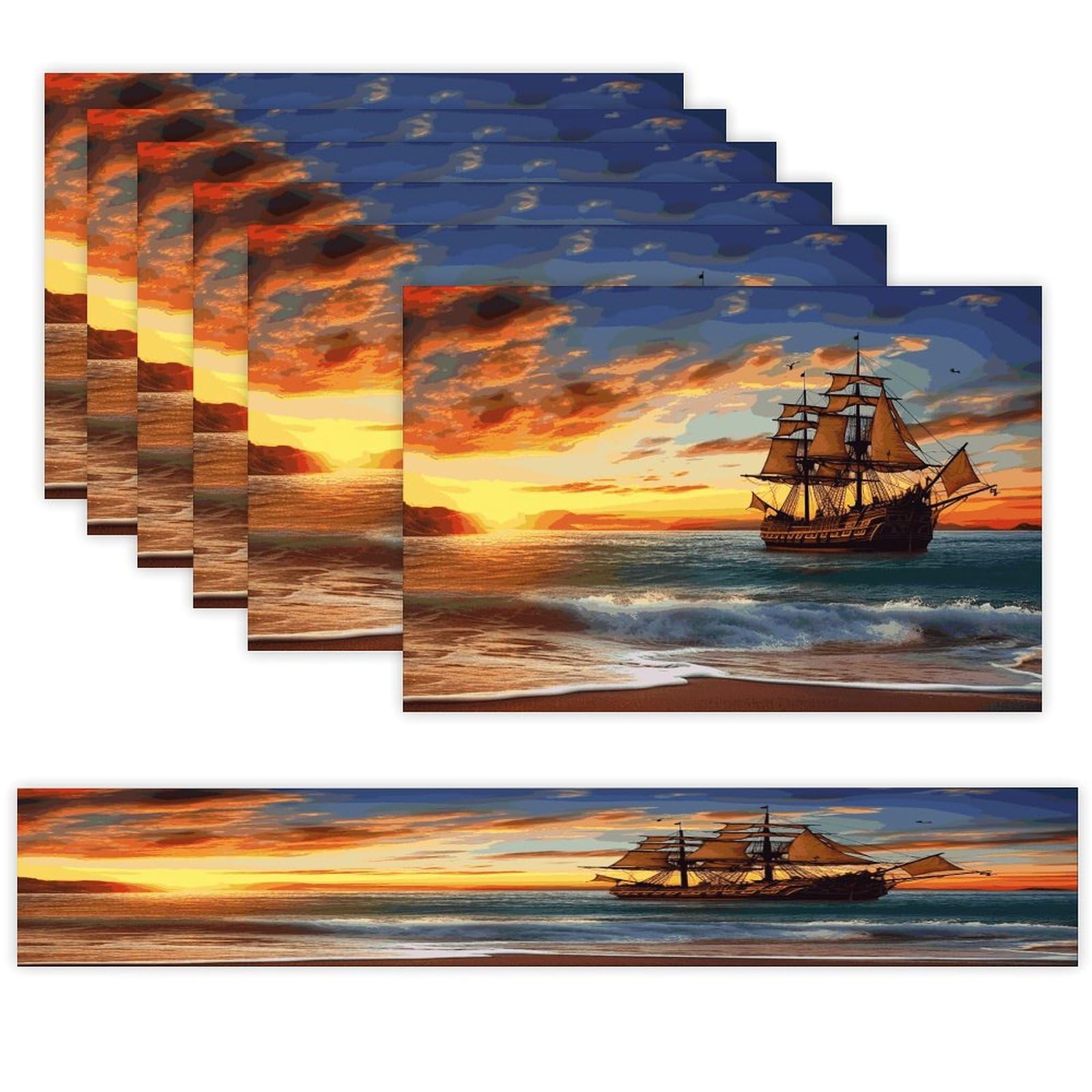 Pirate Ship in The Sunset Table Runner and Placemats Set of 6 for Kitchen Washable Table Mats Heat Resistant Place Mats Non-Slip Place Mat Wipeable Placemat(6 Placemats+1 Table Runner)