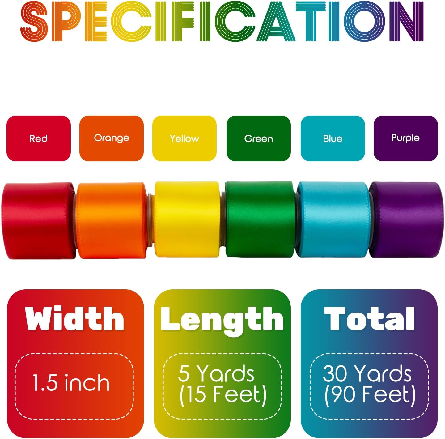 Rainbow Ribbon 1-1/2 Inch Wide Assorted Bulk Pack Colorful Double Faced Satin Ribbon Set for Crafts, Gift Wrapping, Easter, Baby Shower, Birthday, Fiesta Party, Wedding Decor, Hair Bows - 30Yds