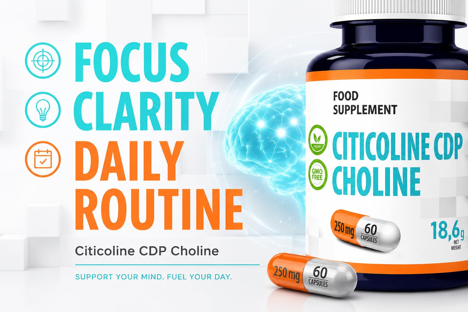 Hepatica Citicoline (CDP-Choline) 250 mg | Source de Choline | 60 Gélules Véganes | Réserve 2 Mois | GMP & laboratoire indépendant
