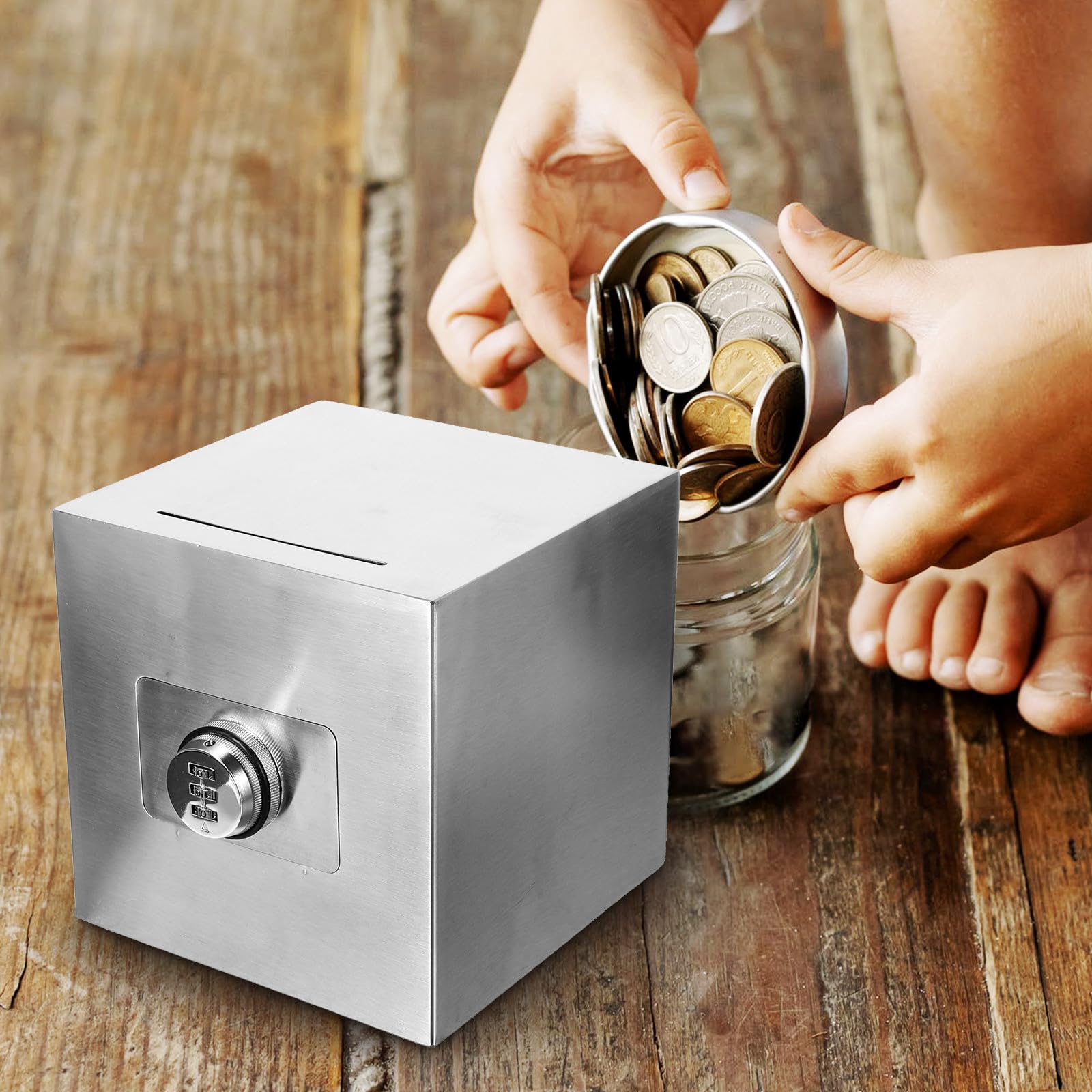Tirelire Coffre-Fort Bancaire avec Serrure en Acier Inoxydable Argenté Rangement Facile des Pièces de Monnaie Pratique et Sécurisé pour Garçon et Filles