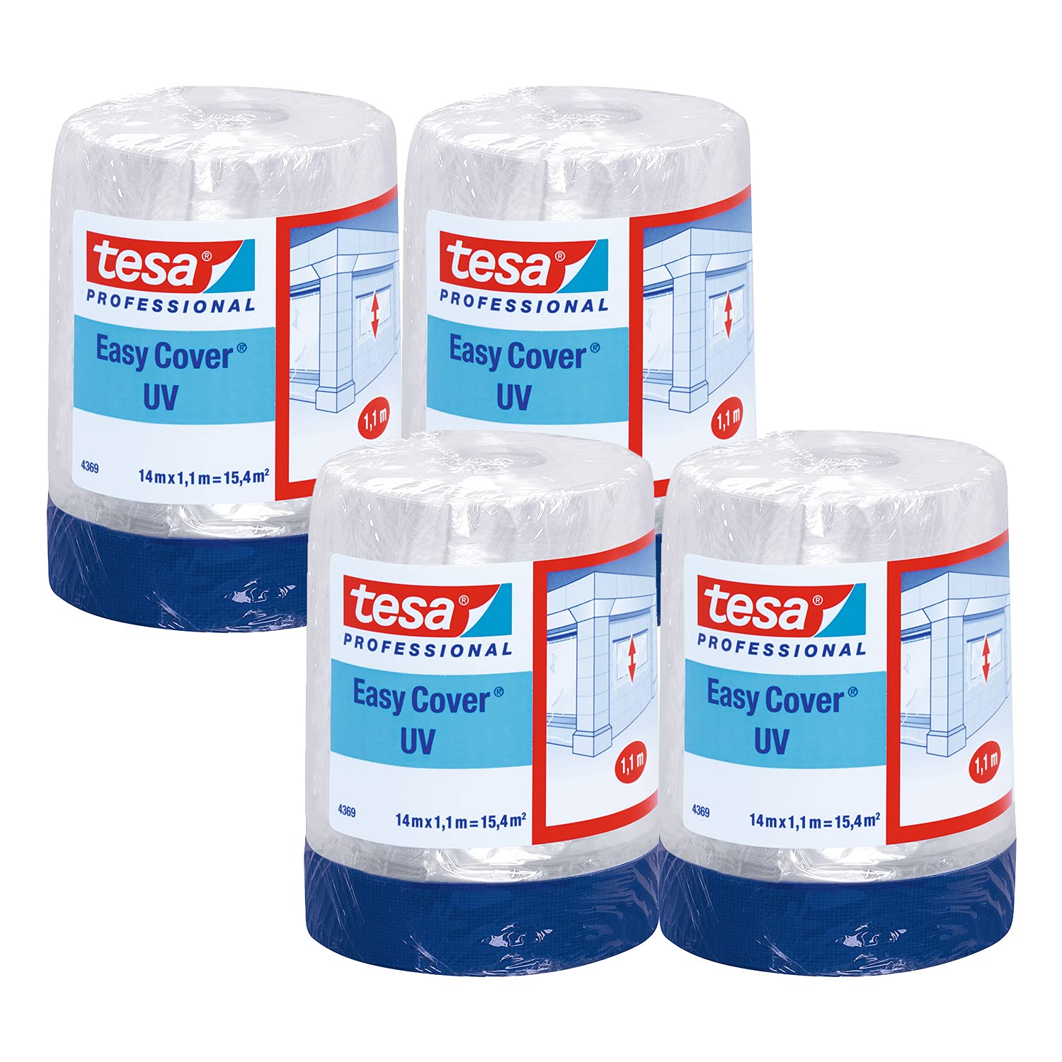 tesa Easy Cover 4369 UV - 8er Pack - Malerfolie mit Gewebeband zum Abkleben und Abdecken im Außenbereich - 2-in-1 Abklebeband mit Folie - blau, matt - je 14 m x 1,1 m