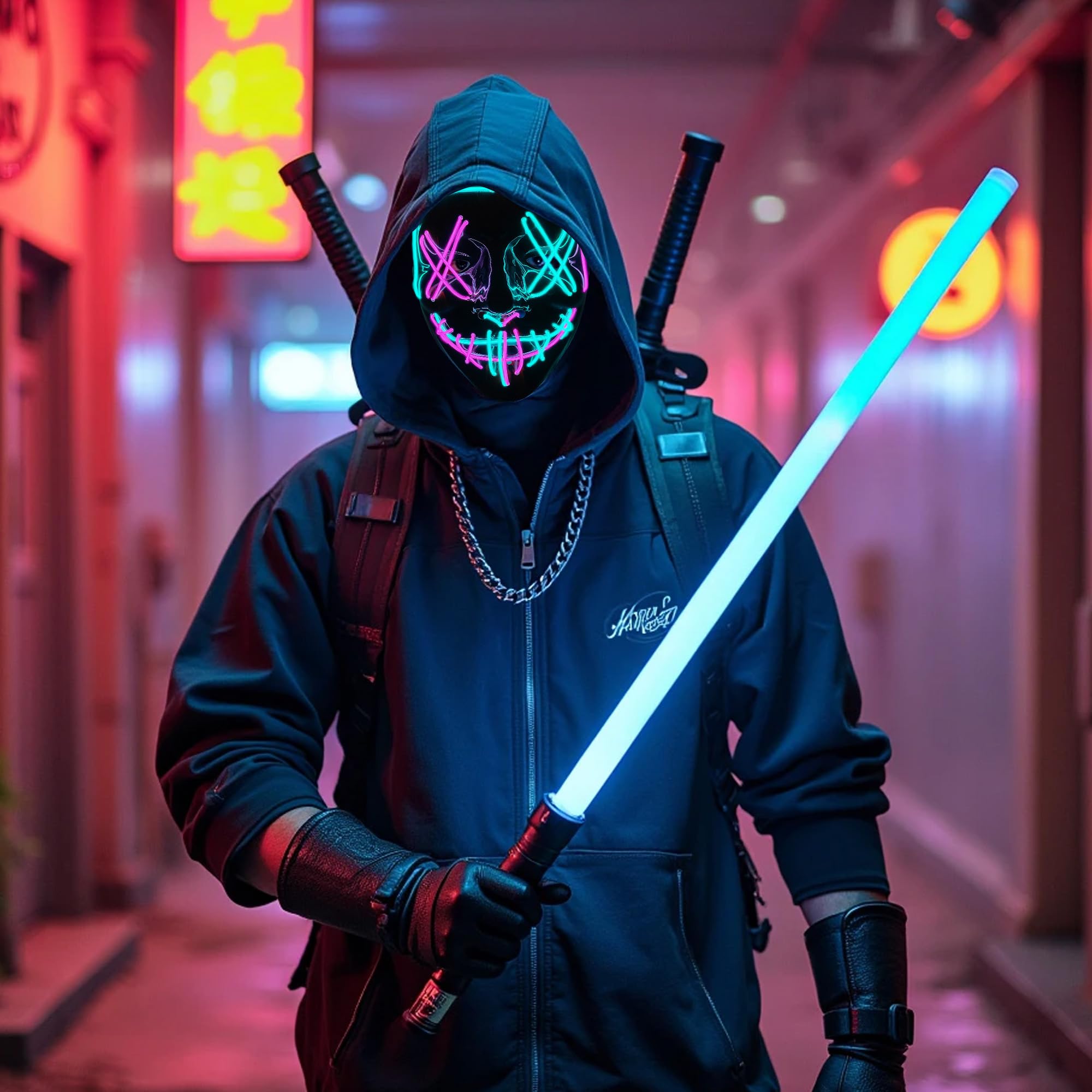 2 sztuki masek na Halloween, świecące maski oczyszczające LED, kostium cosplay dla mężczyzn i kobiet, straszna twarz, na imprezę, karnawał, prezent, 2 szt