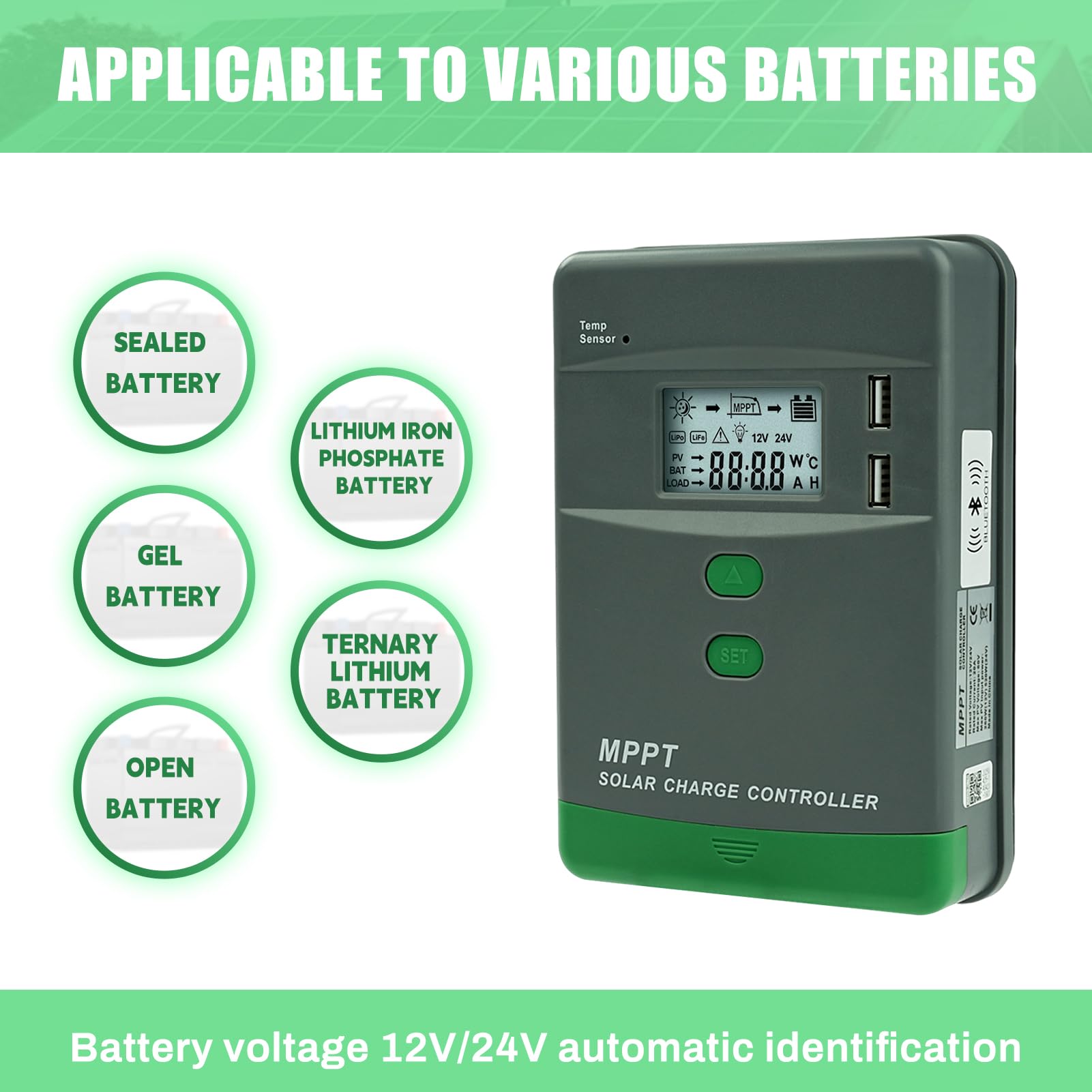 DEWIN MPPT Laderegler 12V Bluetooth, MPPT Solarladeregler 12V/24V Automatische Identifikation LCD-Display MPPT Solar Laderegler mit Bluetooth 20A