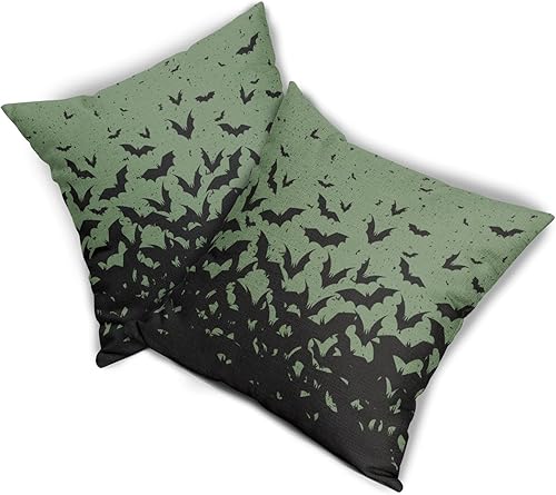 Miniatura 8 de Fundas de almohada de murciélago de Halloween de 18 x 18 pulgadas, juego de 2 fundas de lino con patrón de miedo verde con estampado de terror para
