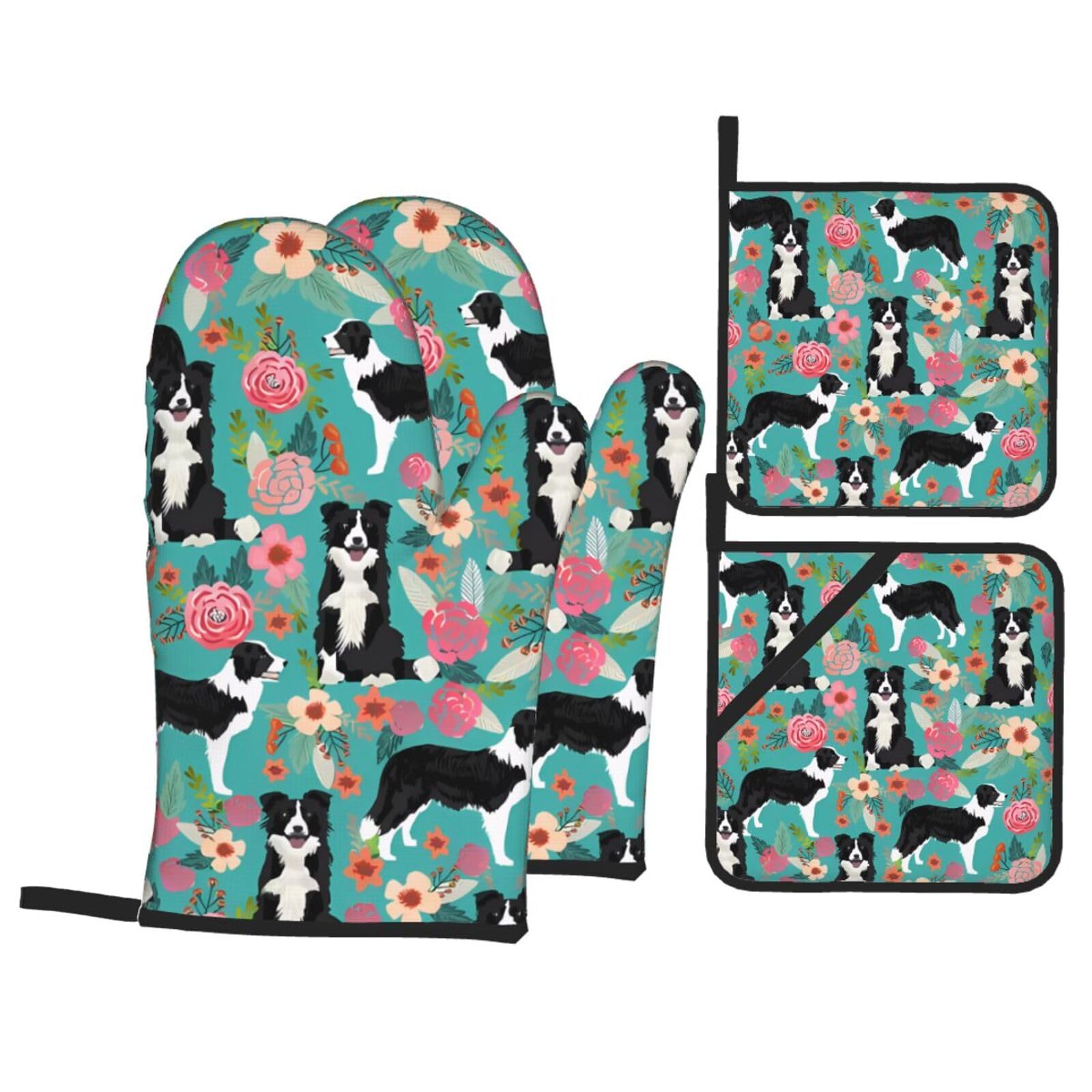 4 Piece Oven Mitts and Pot Holders Set Heat Resistant Oven Gloves and Potholders BBQ Gloves Hot Pads Border Collie Florals Cooking Gloves for Kitchen Baking Grilling