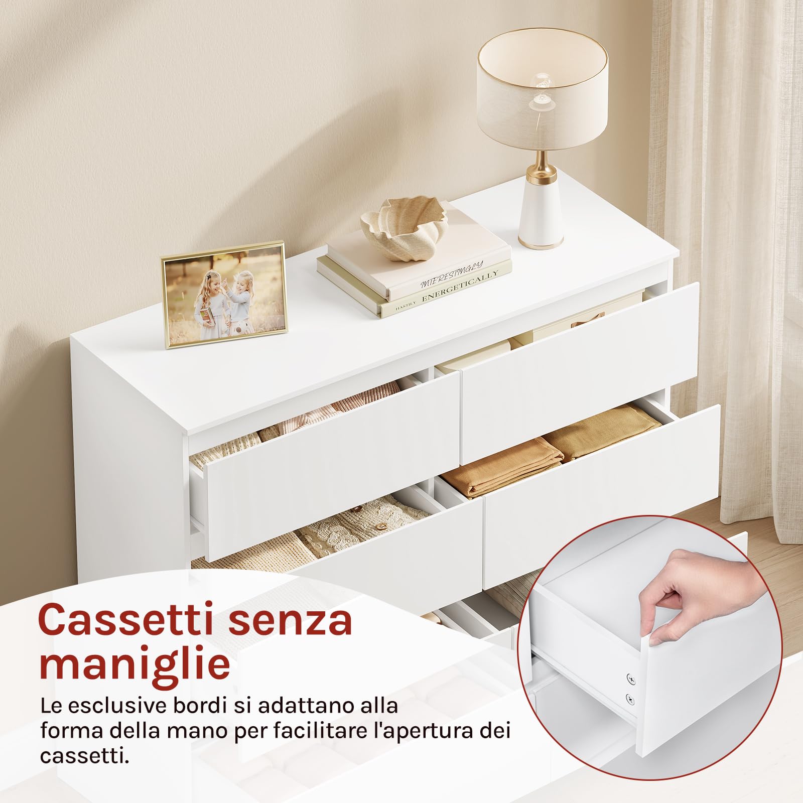 WOLTU Cassettiera, Mobiletto Salvaspazio | con 6 Cassetti, in Stile Moderno per Soggiorno, Camera da Letto e Corridoio, 100 x 36 x 69 cm, Bianco, Legno