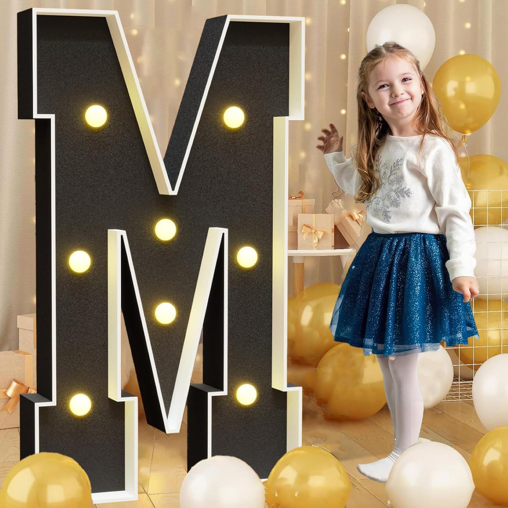 Black Marquee Light Up Letter M, Letter LED Light Sign Pre-cut Foam Glowing Mosaic Light Decor for Birthday Proposal Anniversary Wedding, 120CM/4FT