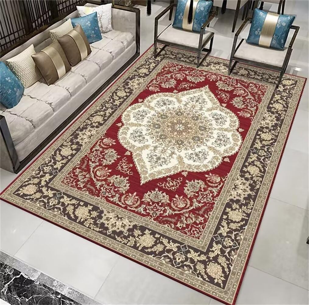 Tapis floral vintage rouge 90x120cm l'élégance rétro lavable pour sublimer votre sol