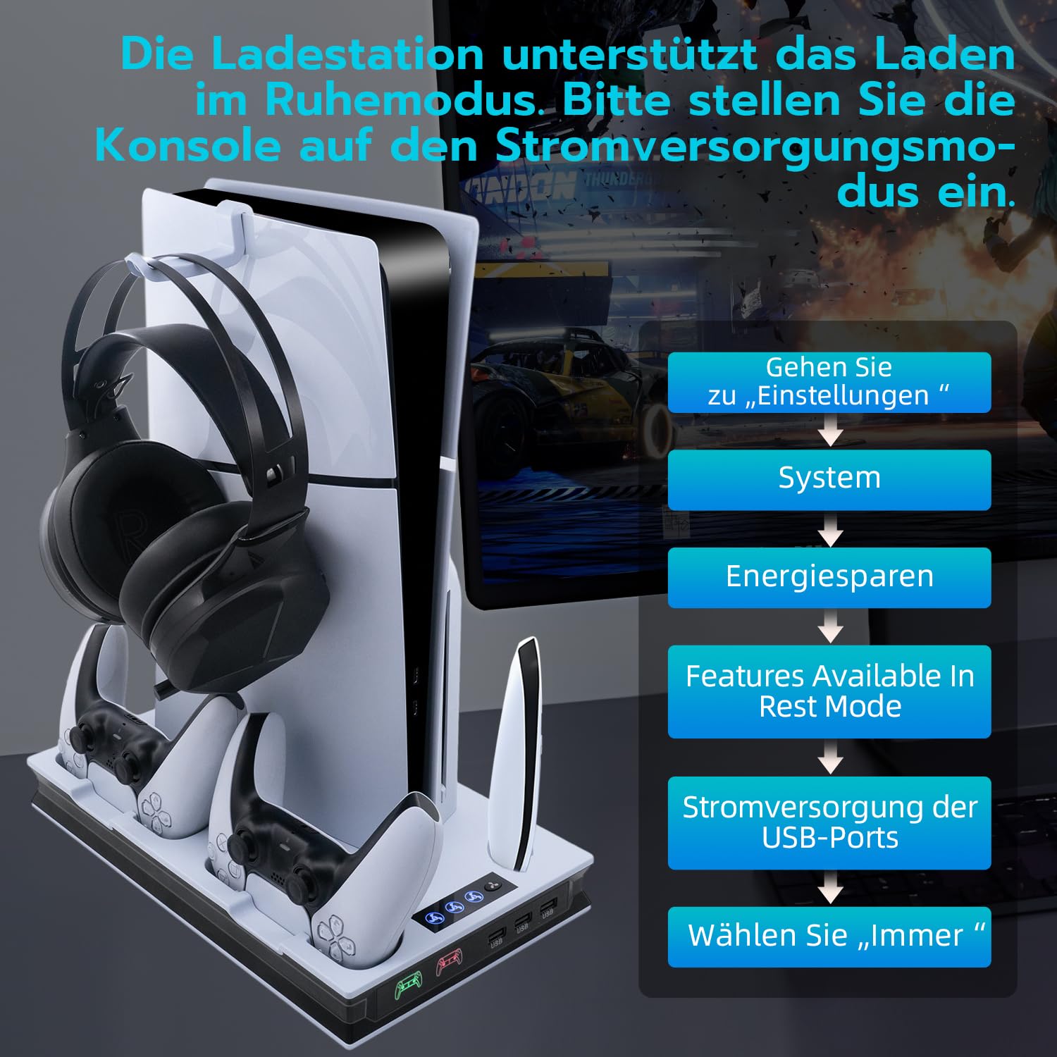 Wigearss PS5/PS5 Slim/PS5 Pro Kühler Standfuß mit Dual Controller Ladegerät, PS5 Controller Ladestation Standfuß mit Lüfter