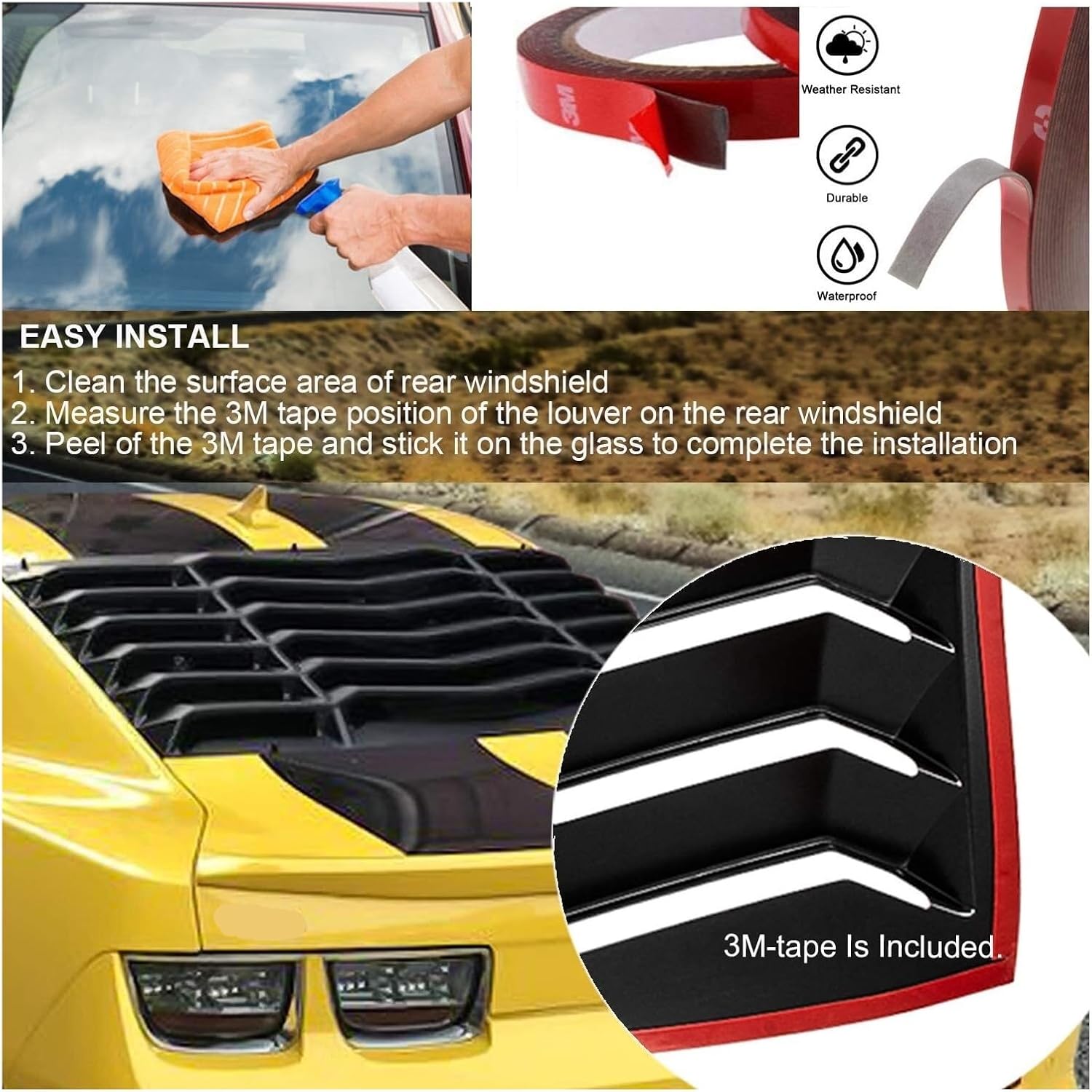 ABS Rear Window Windshiled Louver Sun Shade Cover Matte Black in GT Style Compatible for Chevrolet Camaro 2010-2015