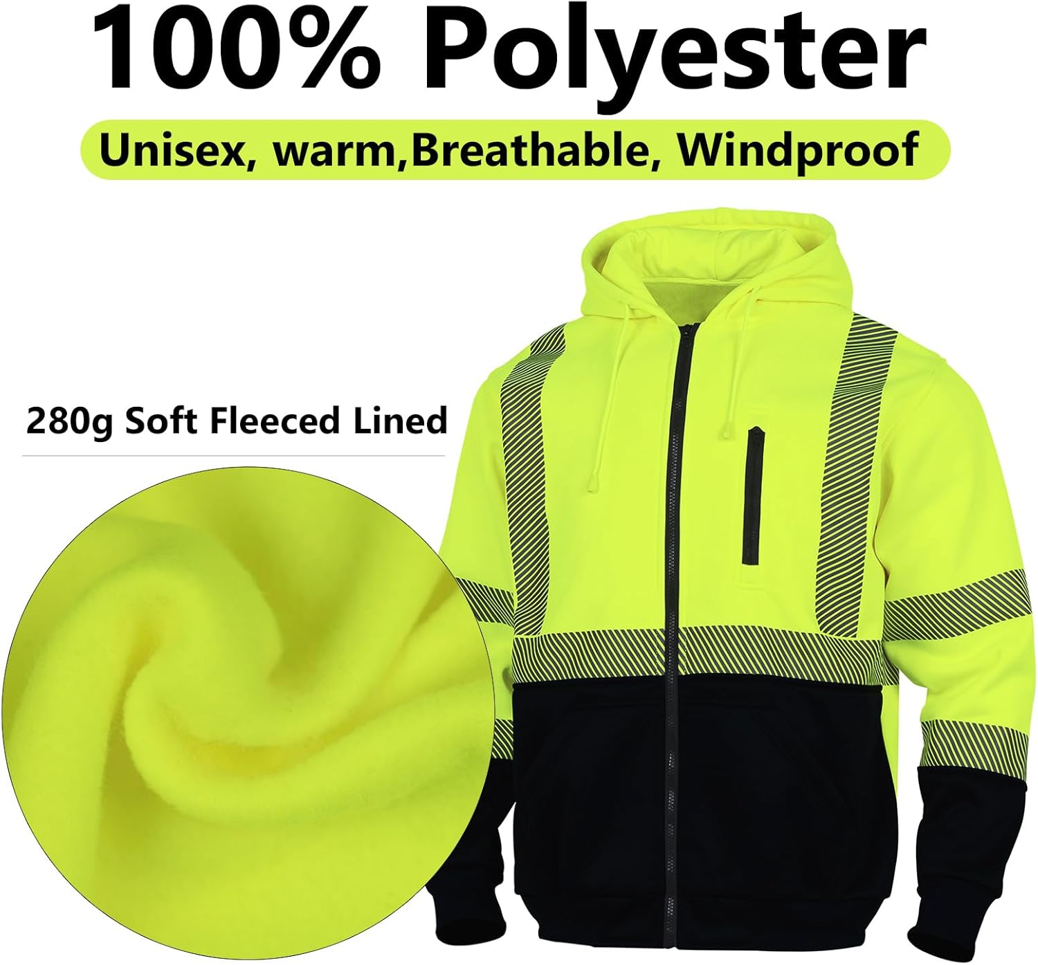 VENDACE High Visibility ANSI Class 3 Reflective Safety Fleece Sweatshirt Hoodie for Men Hi Vis Hoodies Zipper Jacket - Image 4