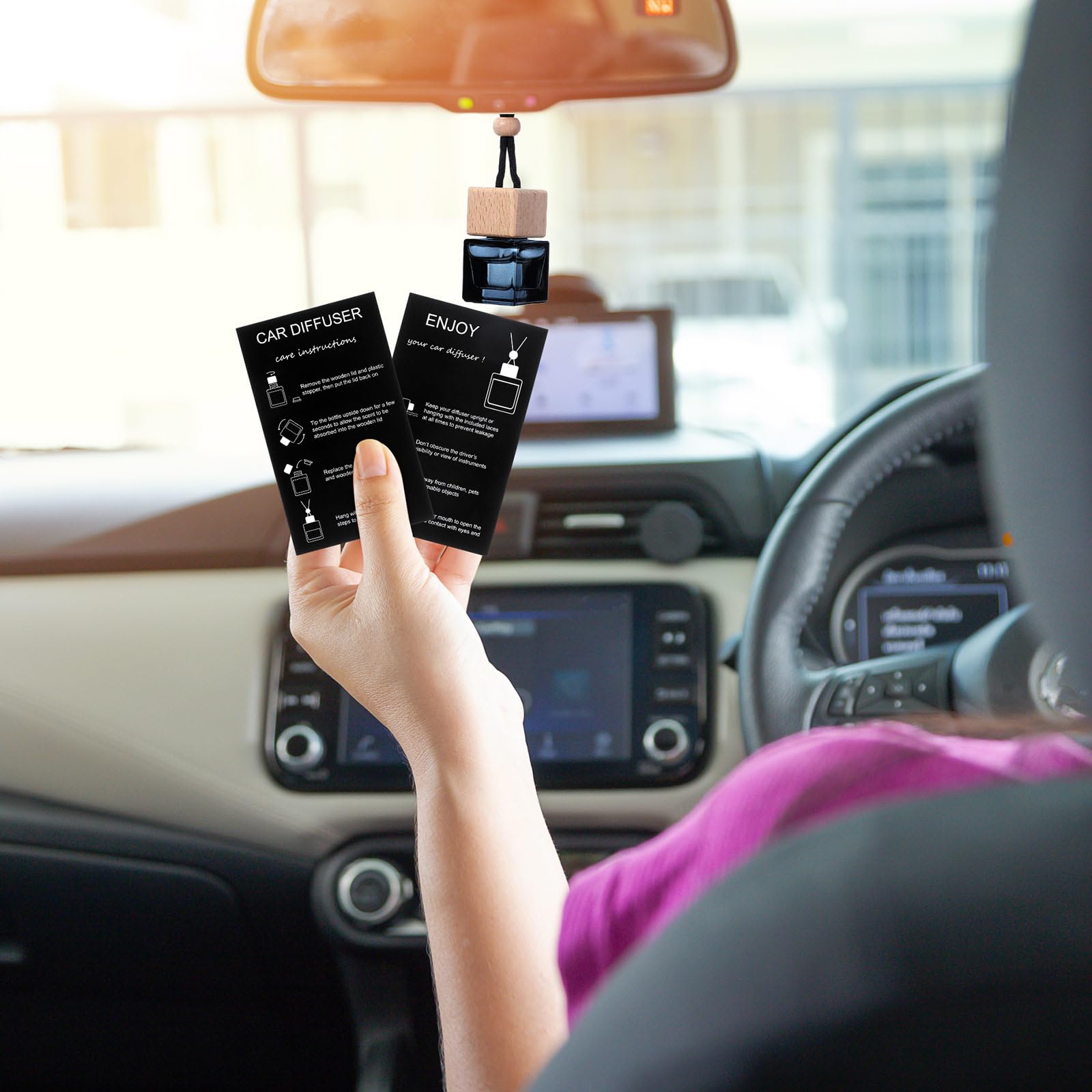 Boao Set di 50 flaconi profumatori per auto da appendere, con 2 diffusori da 9,9 cm, istruzioni per diffusore di oli essenziali vuoti per auto (quadrato nero, cartoncino nero)