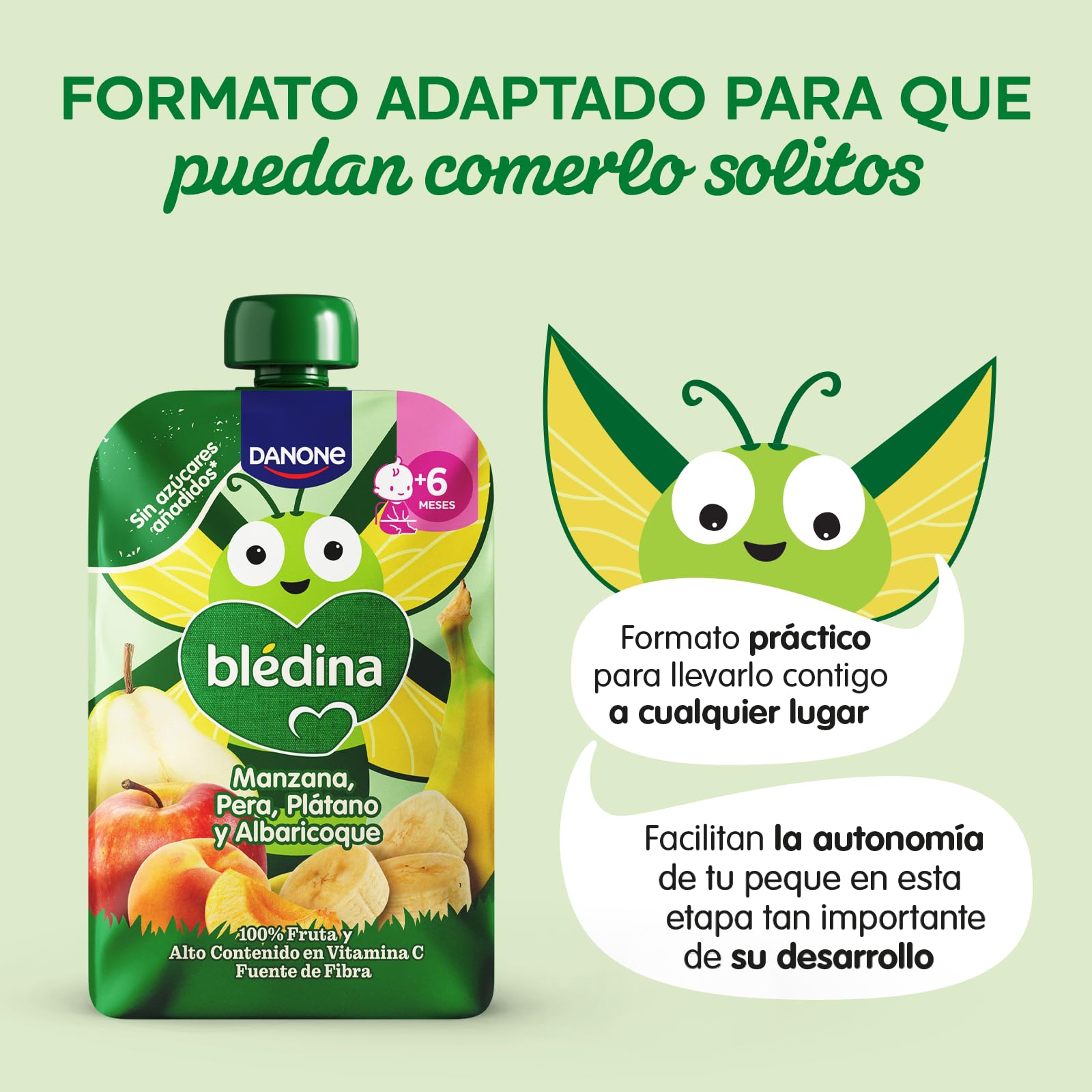 Blédina Bolsita de Manzana, Pera, Platano y Albaricoque para Bebé, 100% Fruta, Sin Azúcares Añadidos, Vitamina C, Fibra, 6 Meses, 100g