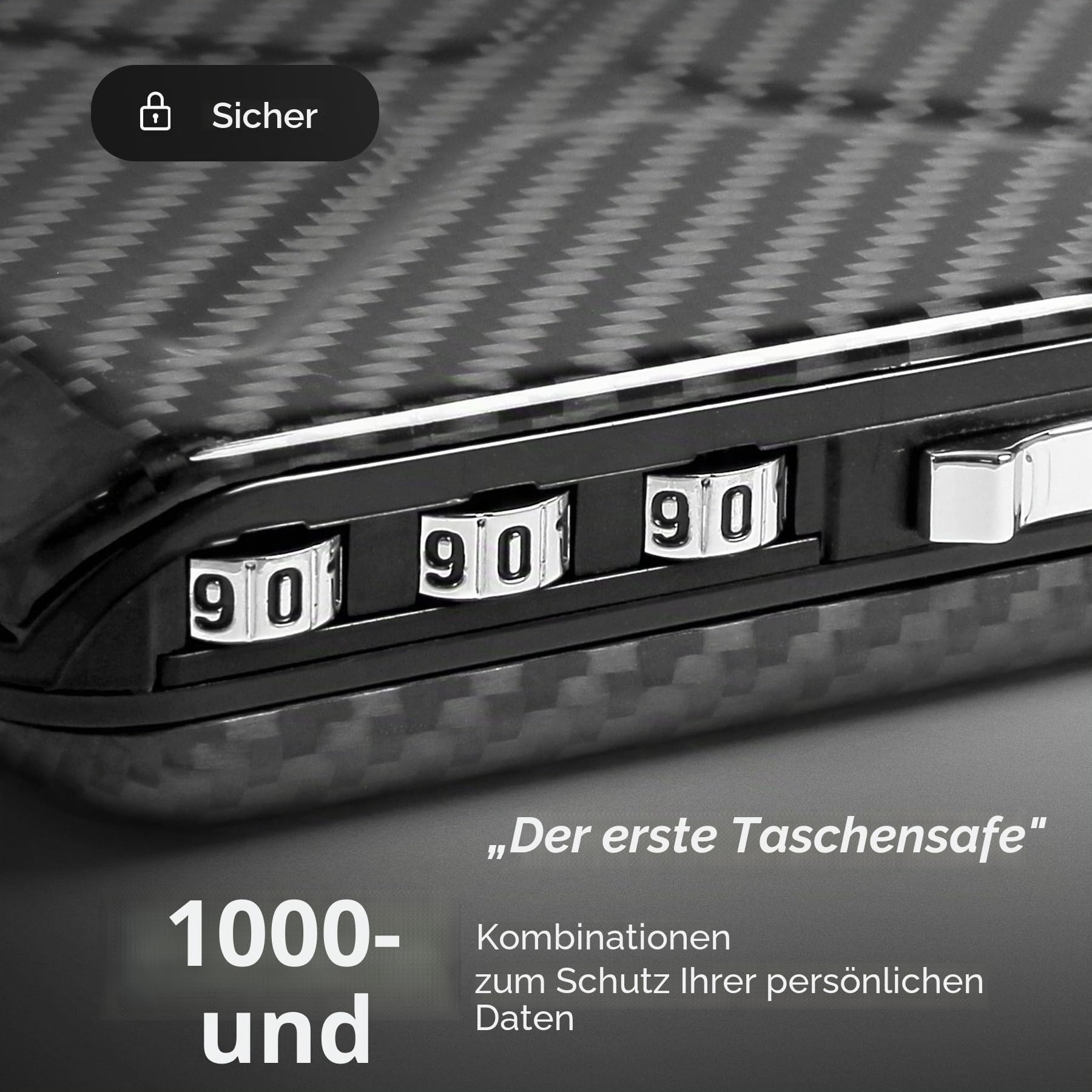 ÖGON -DESIGNS- Carbonfaser-Geldbörse mit Zahlenschloss. Modell: Code Wallet | 3-stelliges Zahlenschloss. Schneller Kartenzugriff. Für bis zu 10 Karten & Geldscheine. RFID-Schutz.
