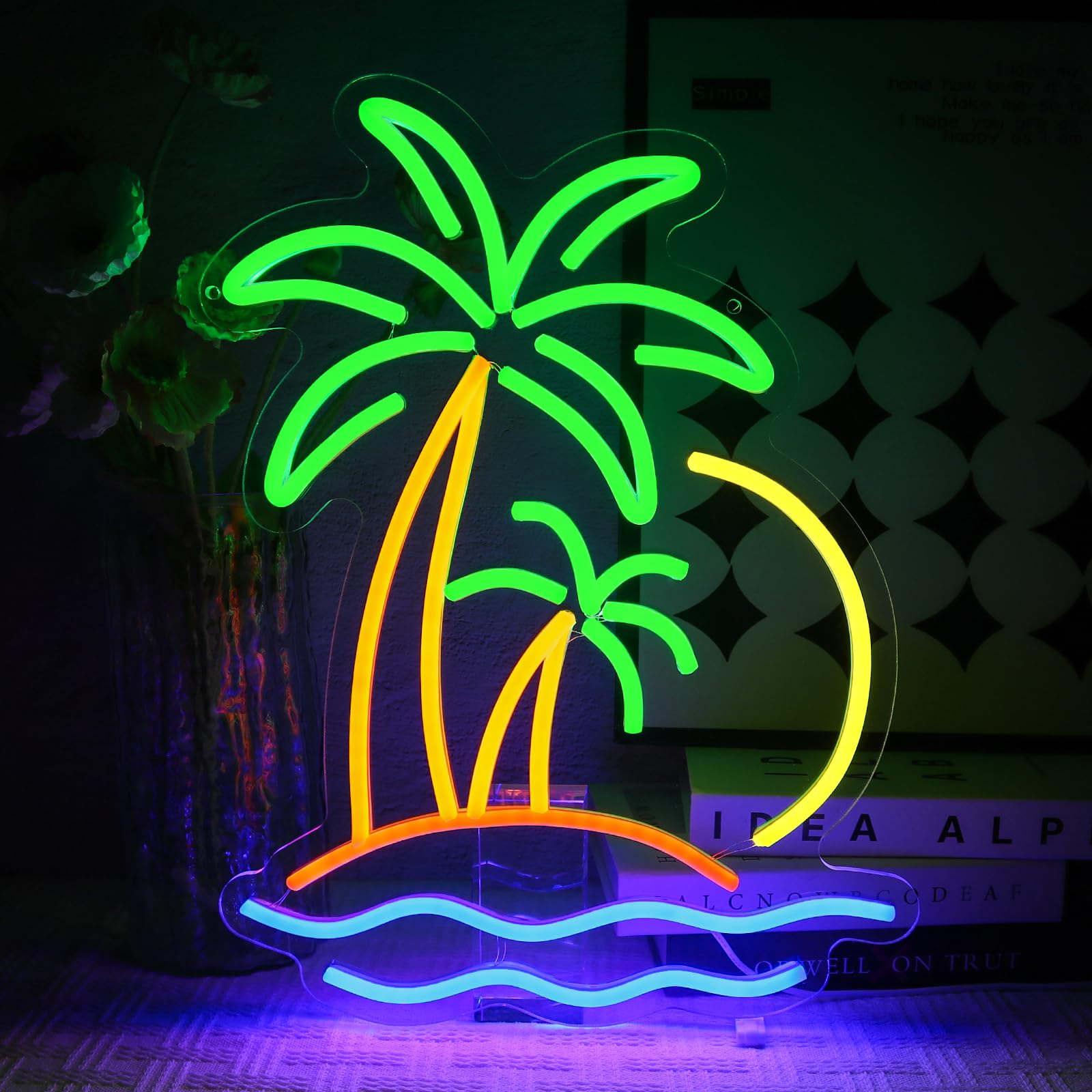 Panneau Tropical Palme Néon Cocotier Néon LED Panneau Mural Plage Surf Néon USB Panneau LED pour Bar à Bière Chambre à Coucher Café Club Professionnel Maison Pub Fête Décorations
