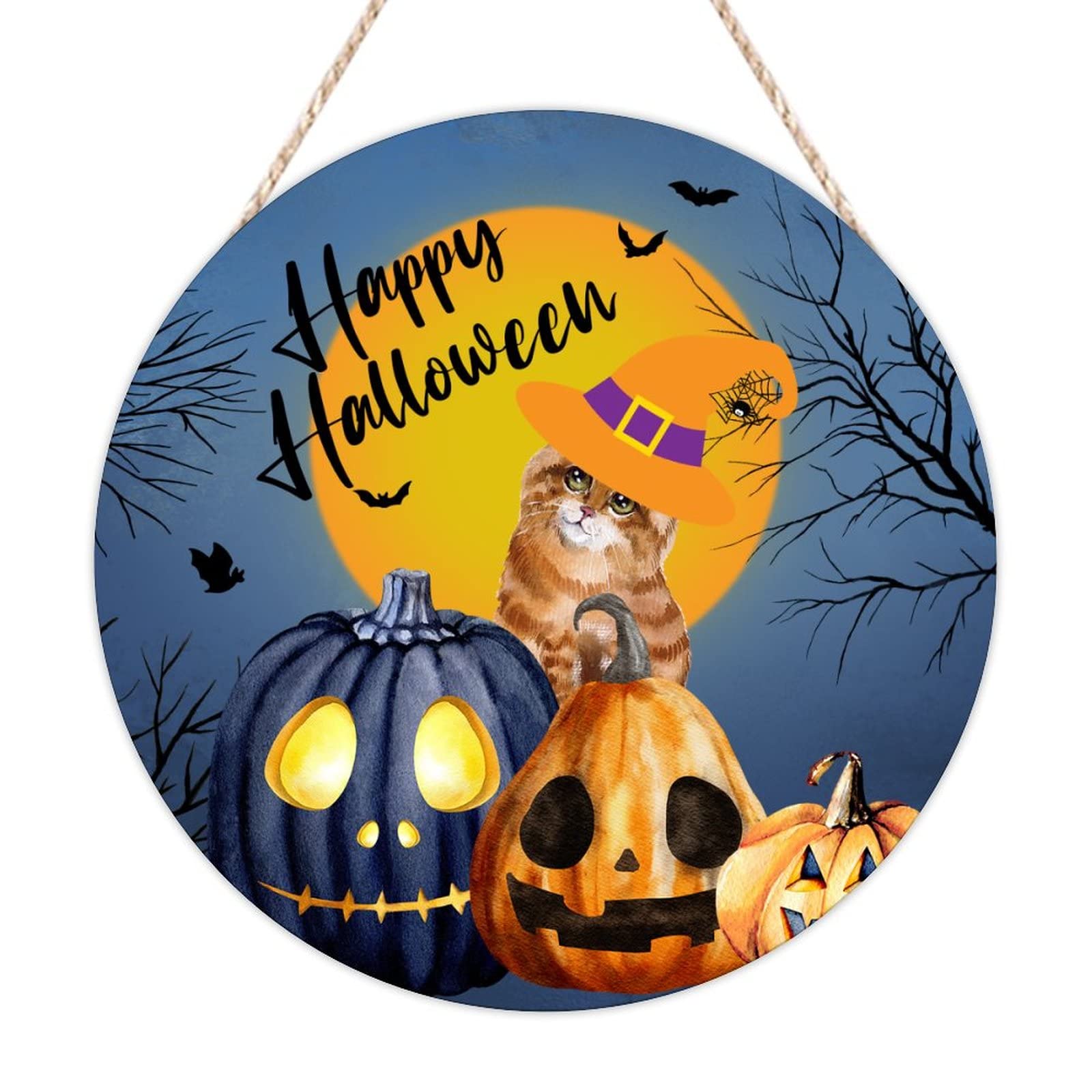 Plaque en bois de chat noir Happy Halloween pour décorer votre entrée