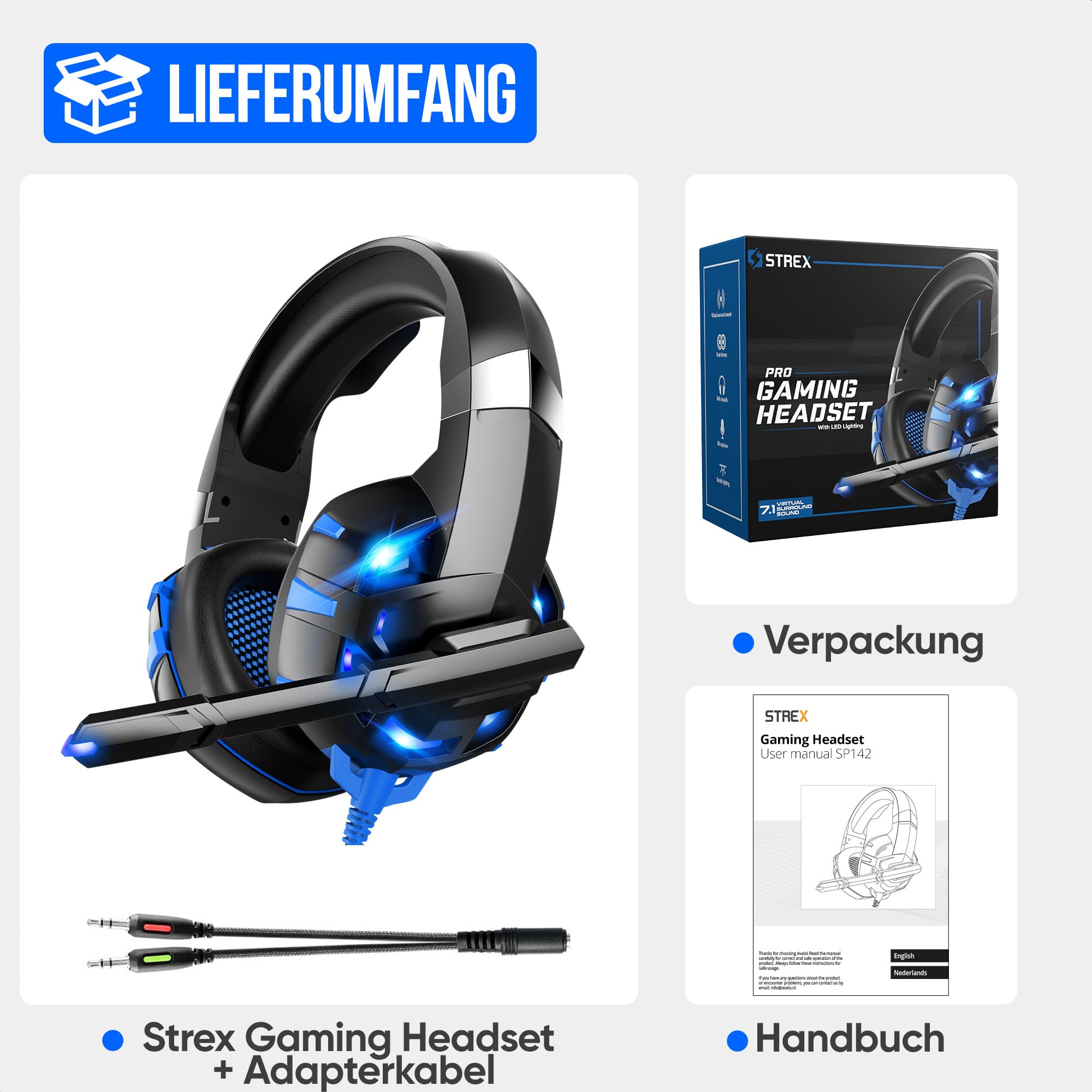 Strex Gaming-Headset mit Mikrofon Blau – Kompatibel mit PC | PS4 | PS5 | Xbox One | Xbox Series