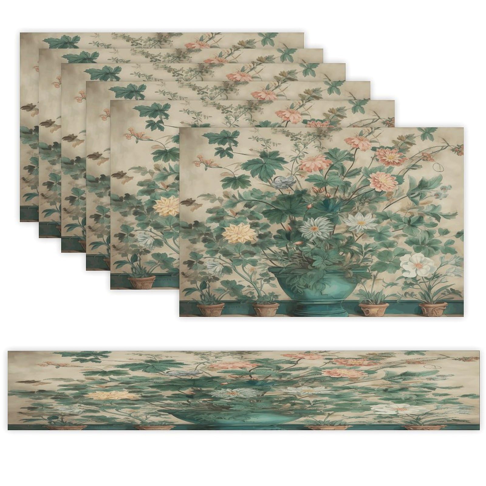 A Watercolor Flower Painting Table Runner and Placemats Set of 6 Wipe Clean Heat Resistant Table Mat with Table Runner Decorations Flax Linen Place Mat Set for Home Kitchen Party Supplies
