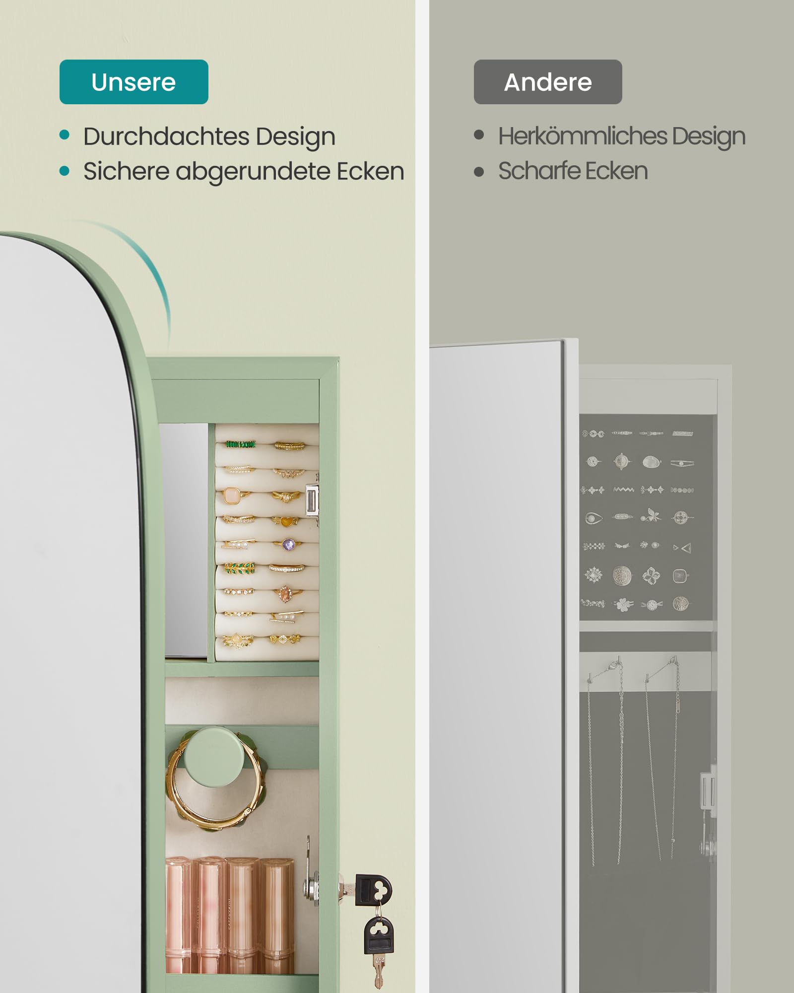 SONGMICS Schmuckschrank, Spiegelschrank, Schmuck-Organizer mit LED-Beleuchtung, abschließbar, Wandschrank mit Spiegel, für Ohrring, Halskette, Oberfläche in Lorbeergrün, Innenfutter in Cremeweiß