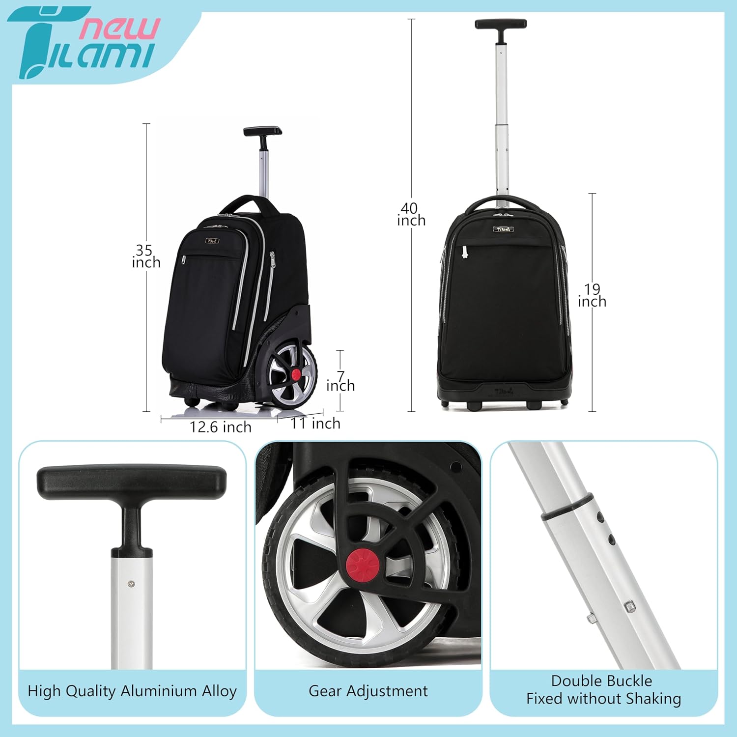 NEW TILAMI 19 inch Rolling Backpack Teens Rolling Backpack Cute Wheeled Laptop Backpack Bookbag Roller Travel Bag College, Black