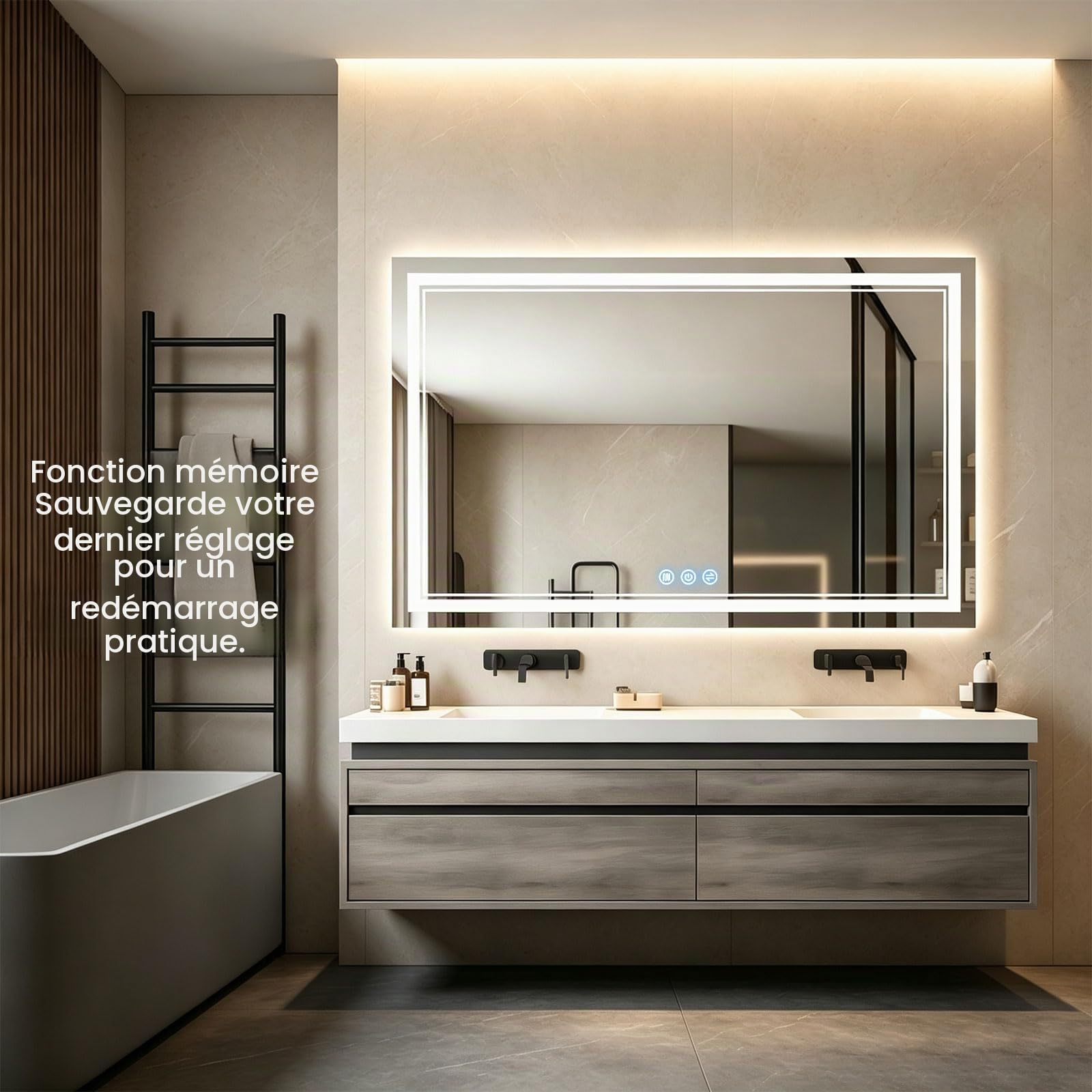 Miroir de Salle de Bain avec Éclairage 100x60 cm, Interrupteur Tactile, Fonction Anti-Buée, 3 Températures de Lumière Gradable, Double Anneau Lumineux