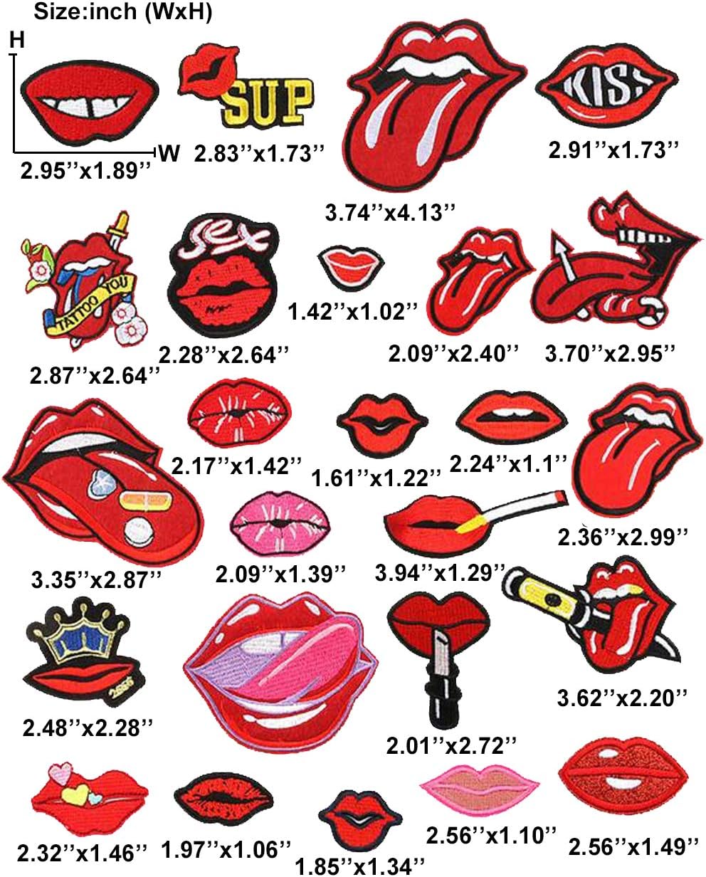 Choco Mocha 25PCS Lips Iron On Patches for Clothing Iron On Decals Red Lips Patches Sew On Patch for Jackets Women Embroidered Decorative Appliques for Clothes, Red Lips