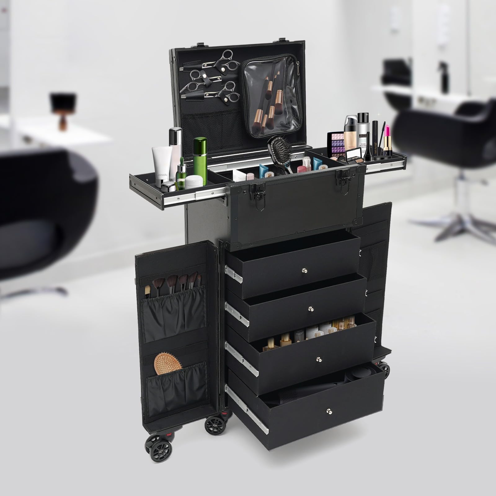 Makeup Koffer Kosmetikkoffer Schminkkoffer Groß Visagistenkoffer Beautycase Beauty Koffer für Make-up Artist Friseurkoffer Aluminiumlegierung mit 6 Universalrädern 4 Schlüsseln