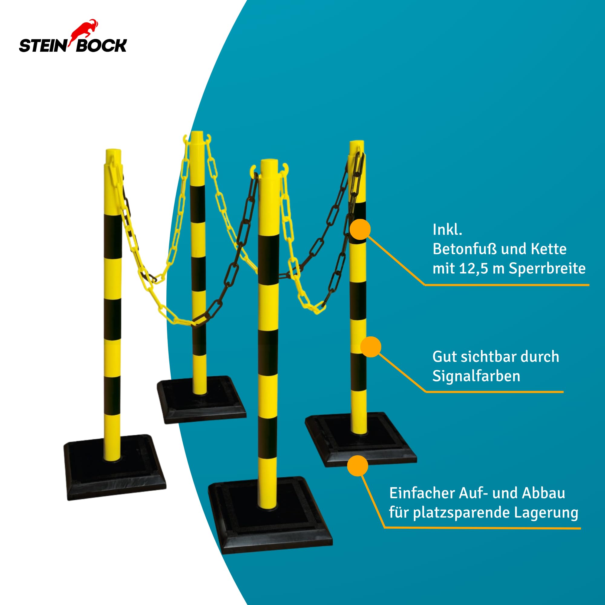 Steinbock Kettenständer 4 Stück | HxBxT 90 x 28 x 28 mm | 12,5 m Kettenlänge | Schwarz/Gelb | betongefüllte Fußplatte | Absperren von Innen- und Außenbereichen | standsicherer Ketten-Warnständer