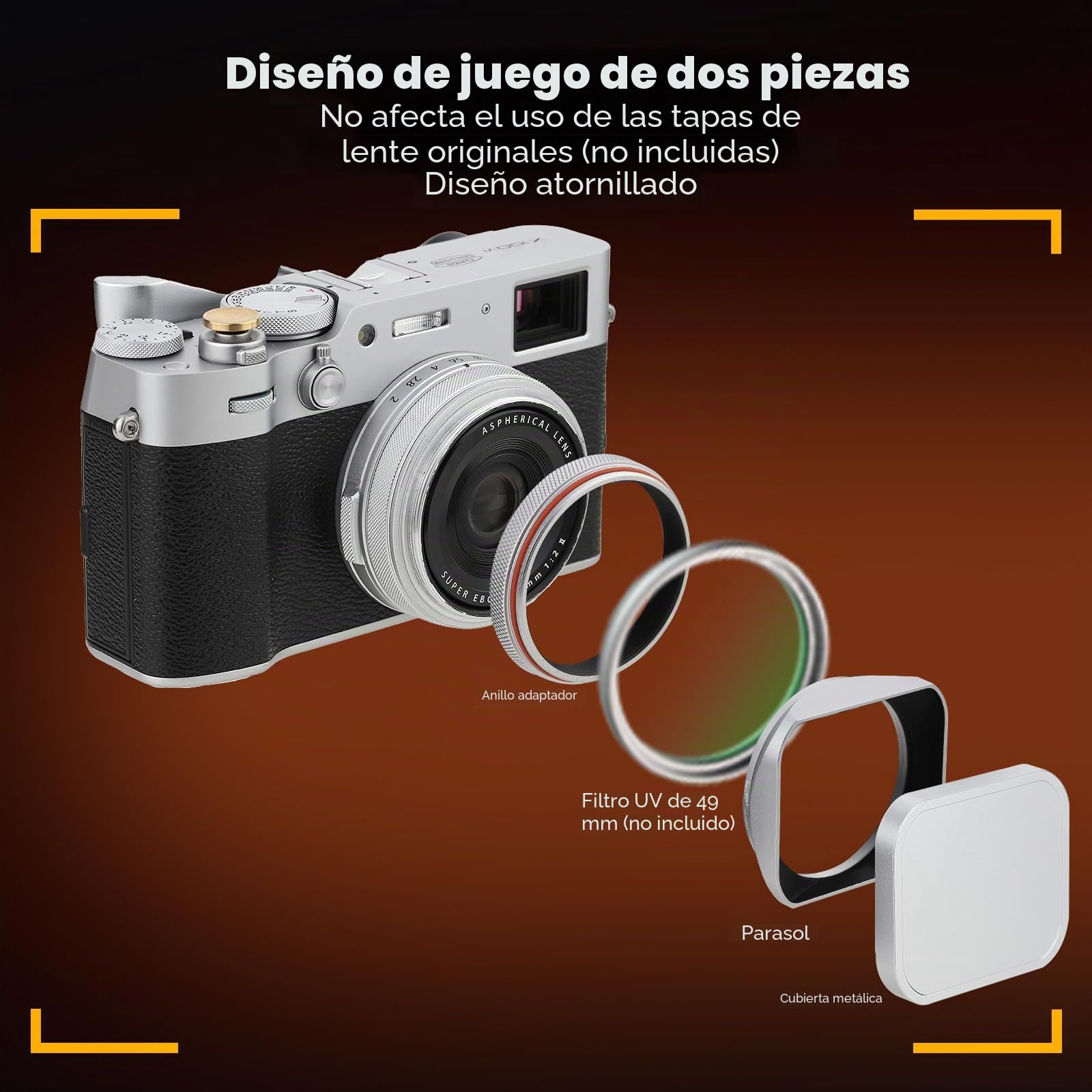 Parasol cuadrado de metal para lente para Fujifilm X100VI X100V Haoge LH-X200S con anillo adaptador de filtro UV de 49 mm y tapa de metal, accesorios de cámara, color plateado
